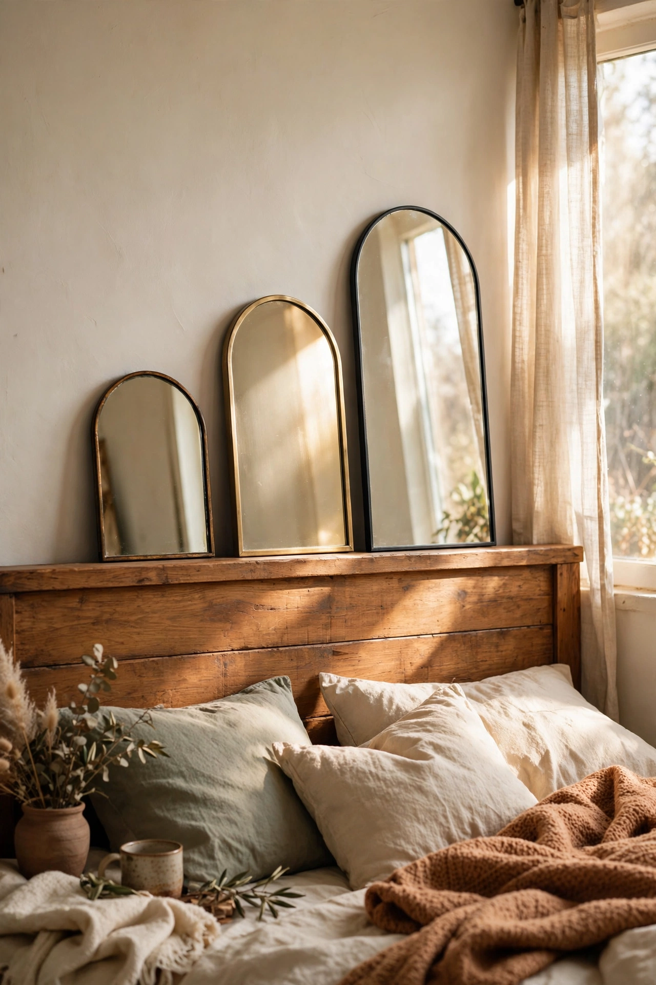 Trio of small mirrors leaning on headboard
