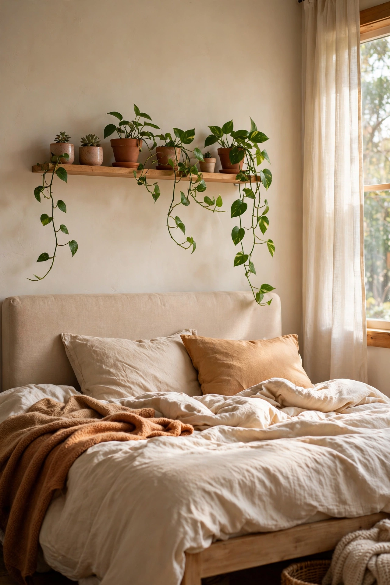 Floating shelf with trailing plants above bed