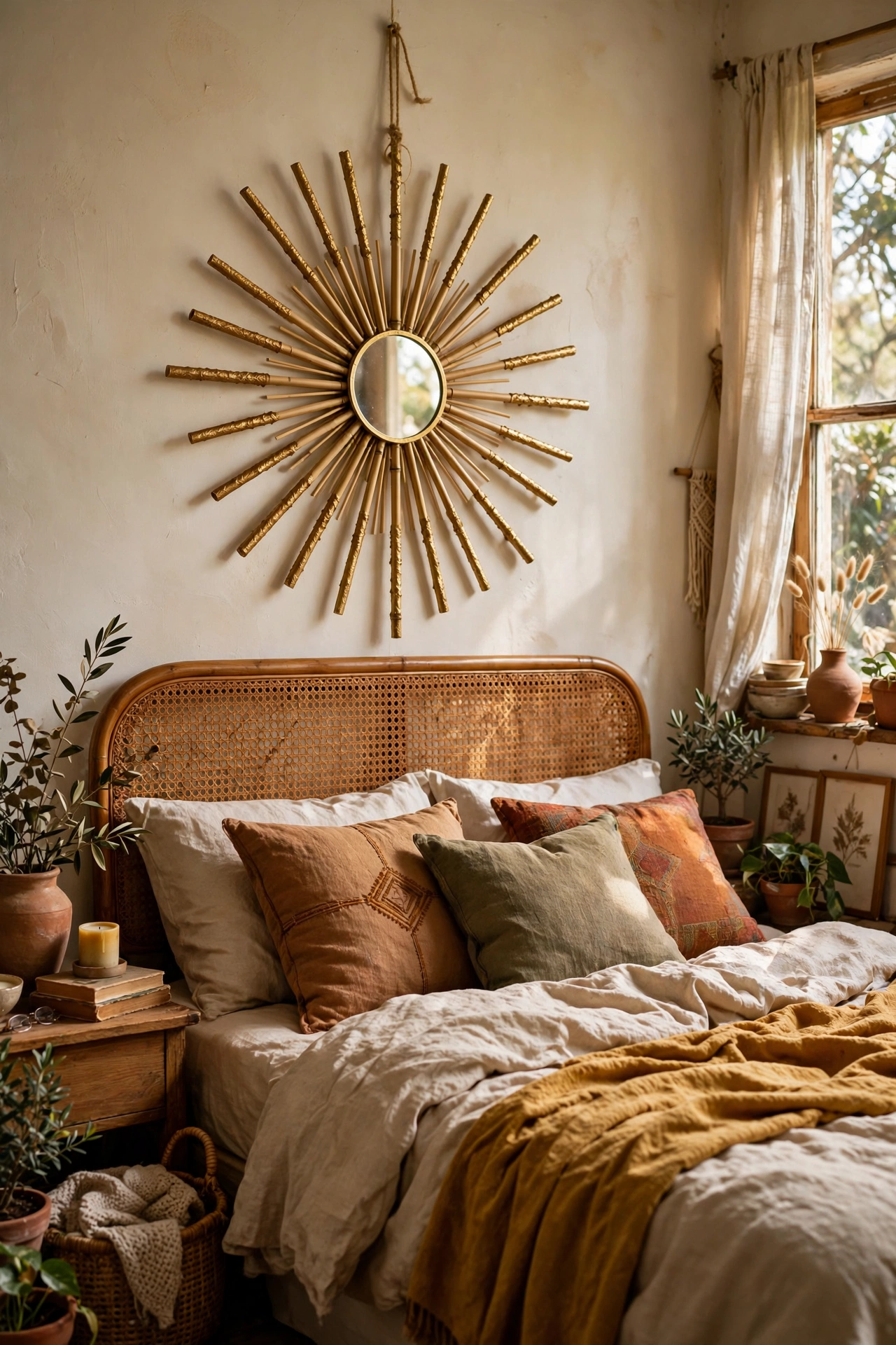 Gold DIY starburst made of bamboo skewers above bed