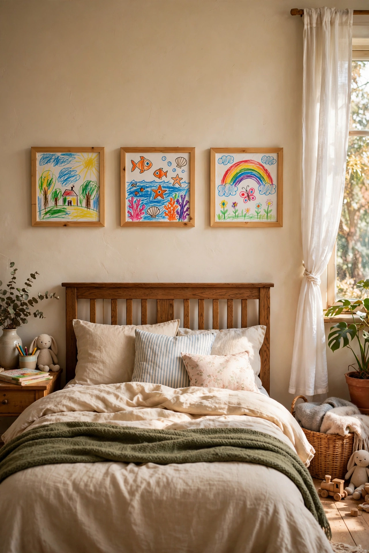 Framed children's paintings in a row above bed