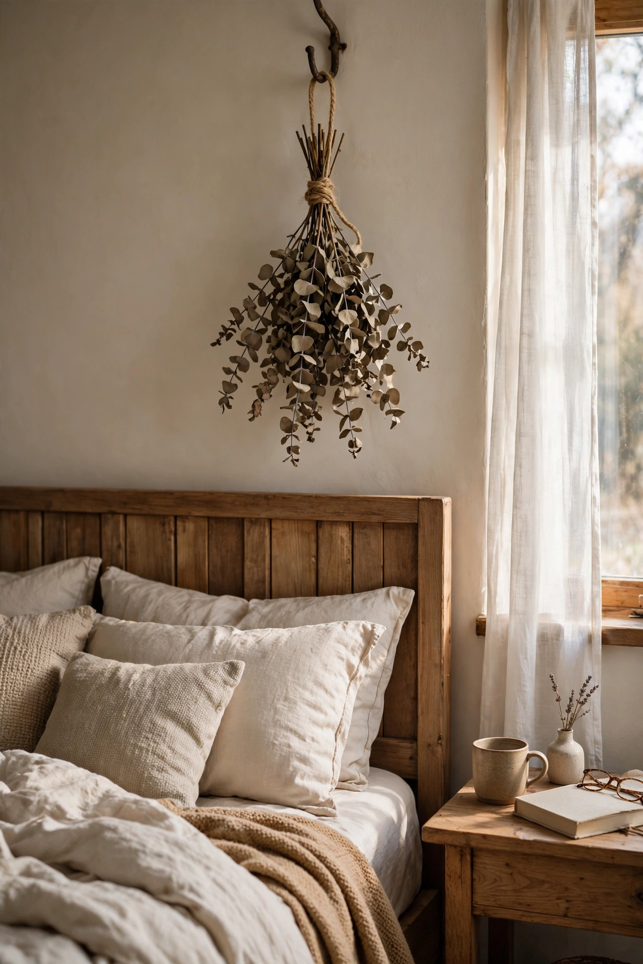 Dried eucalyptus bunch hanging above bed