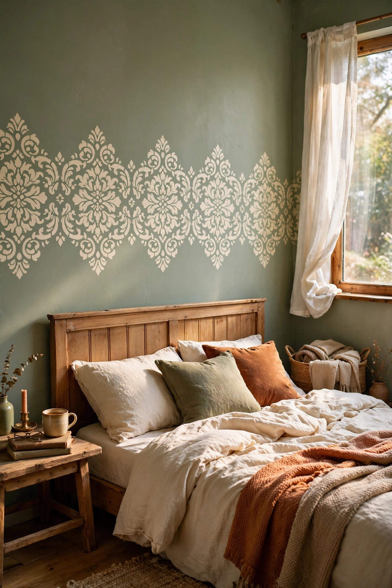Painted stencil border band above bed