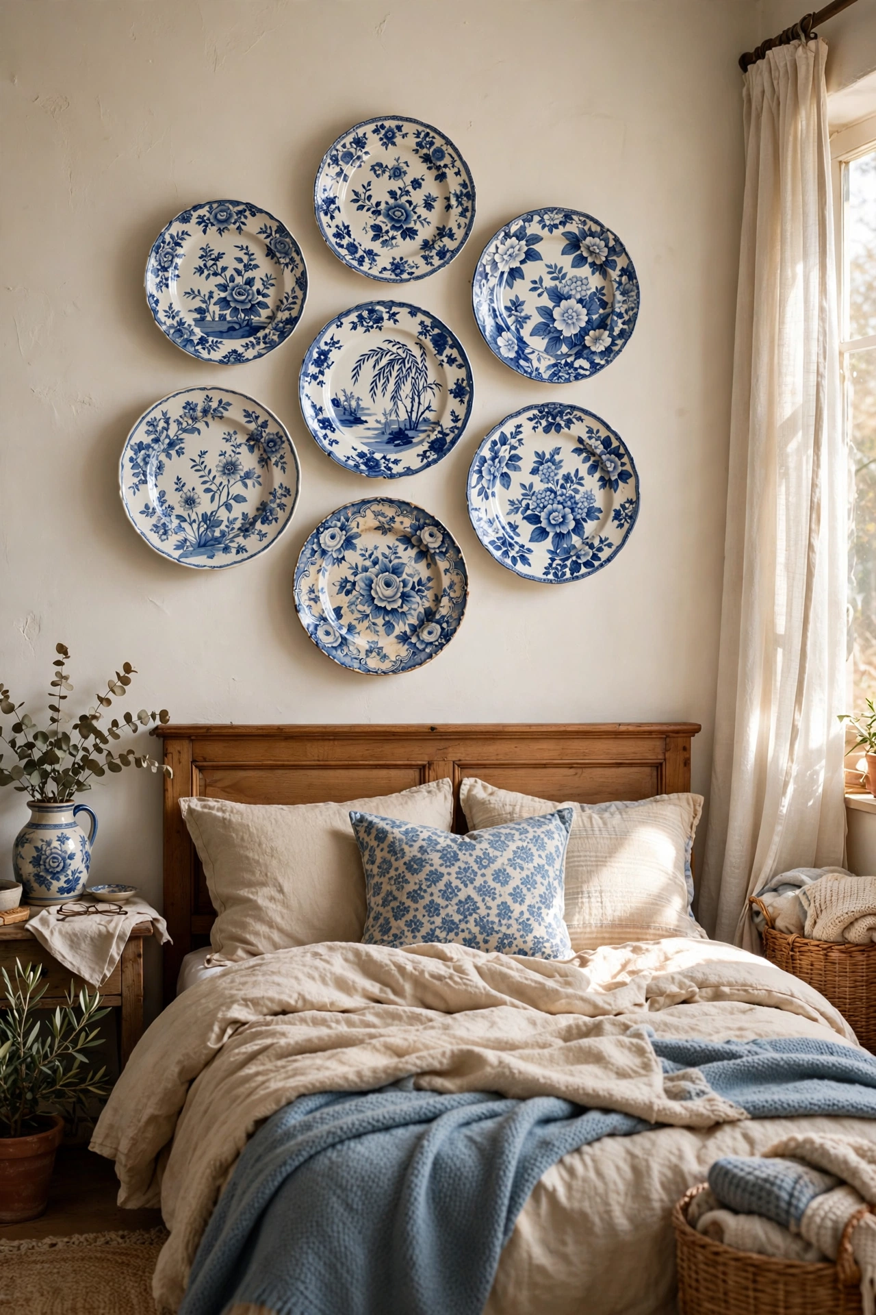 Collection of decorative thrifted plates above bed