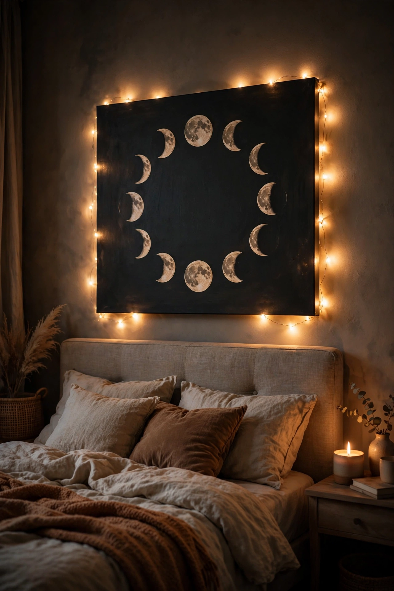 Canvas with fairy lights glowing above bed