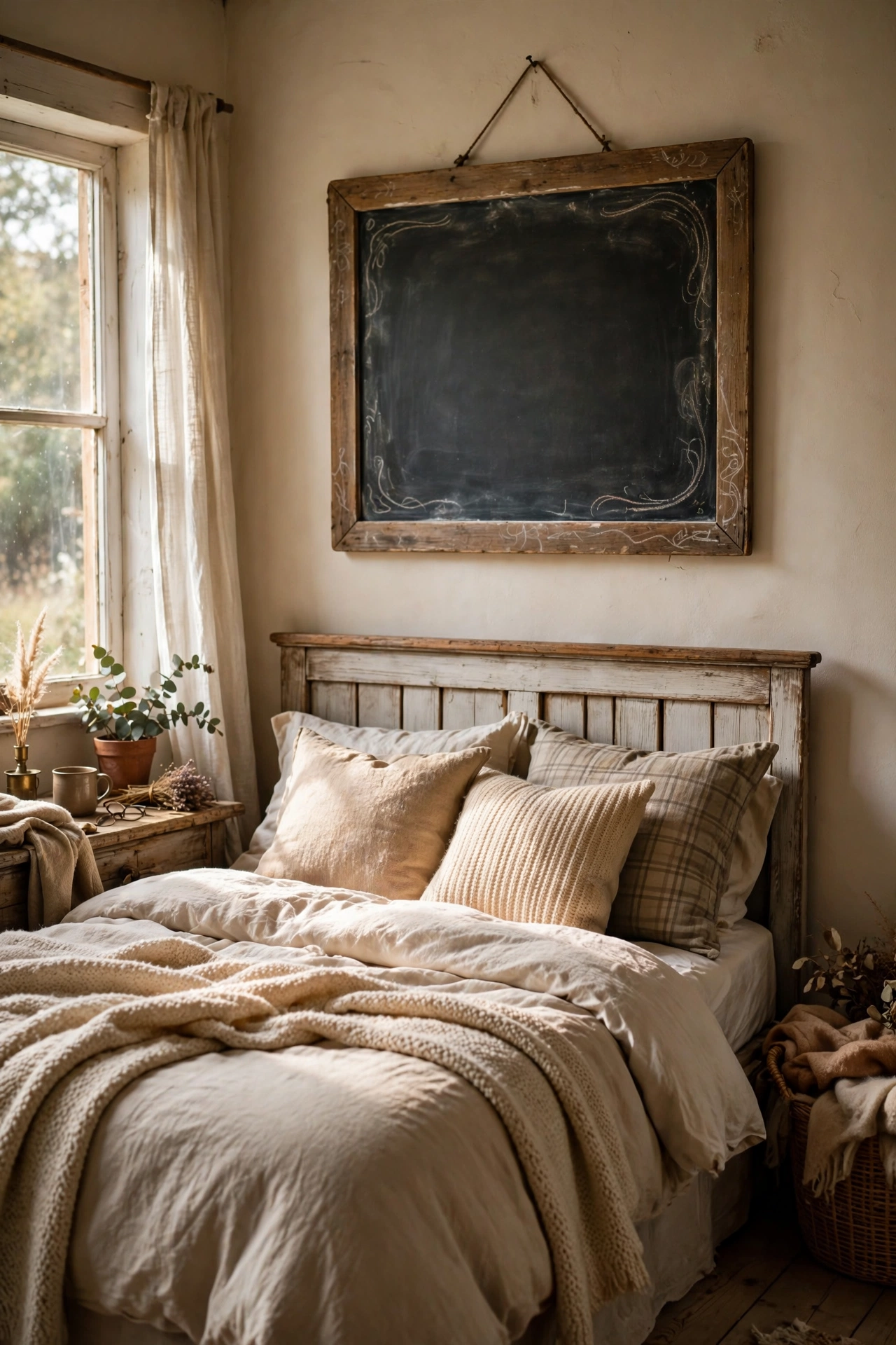Chalkboard quote board above bed headboard