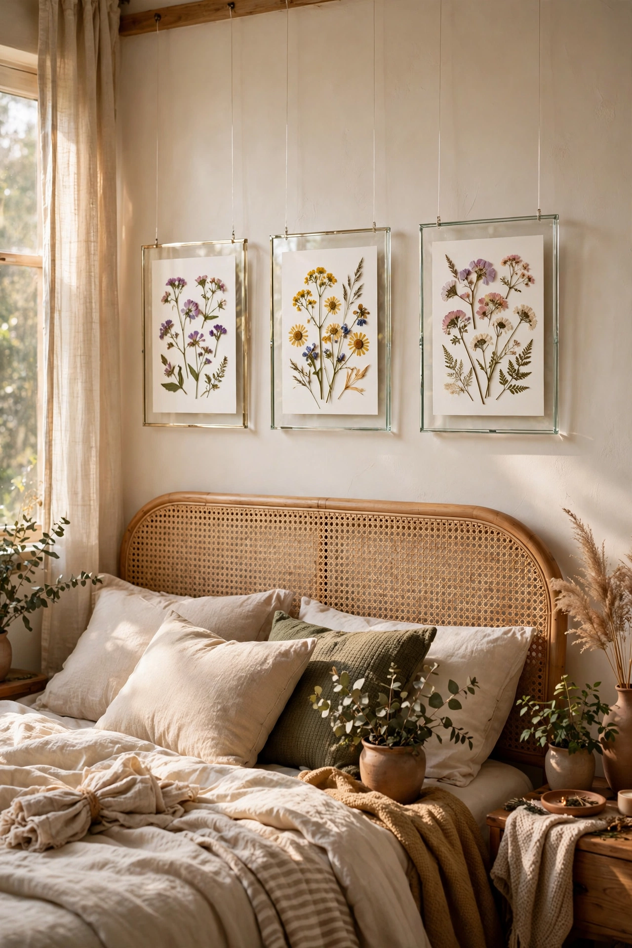 Pressed flowers in floating glass frames above bed