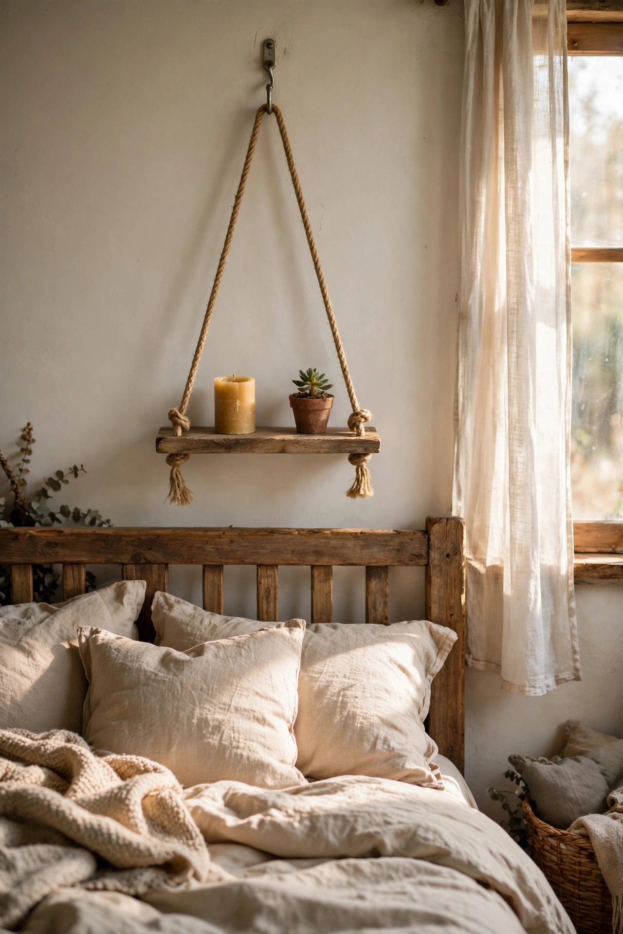 Small wooden shelf hung by rope above bed