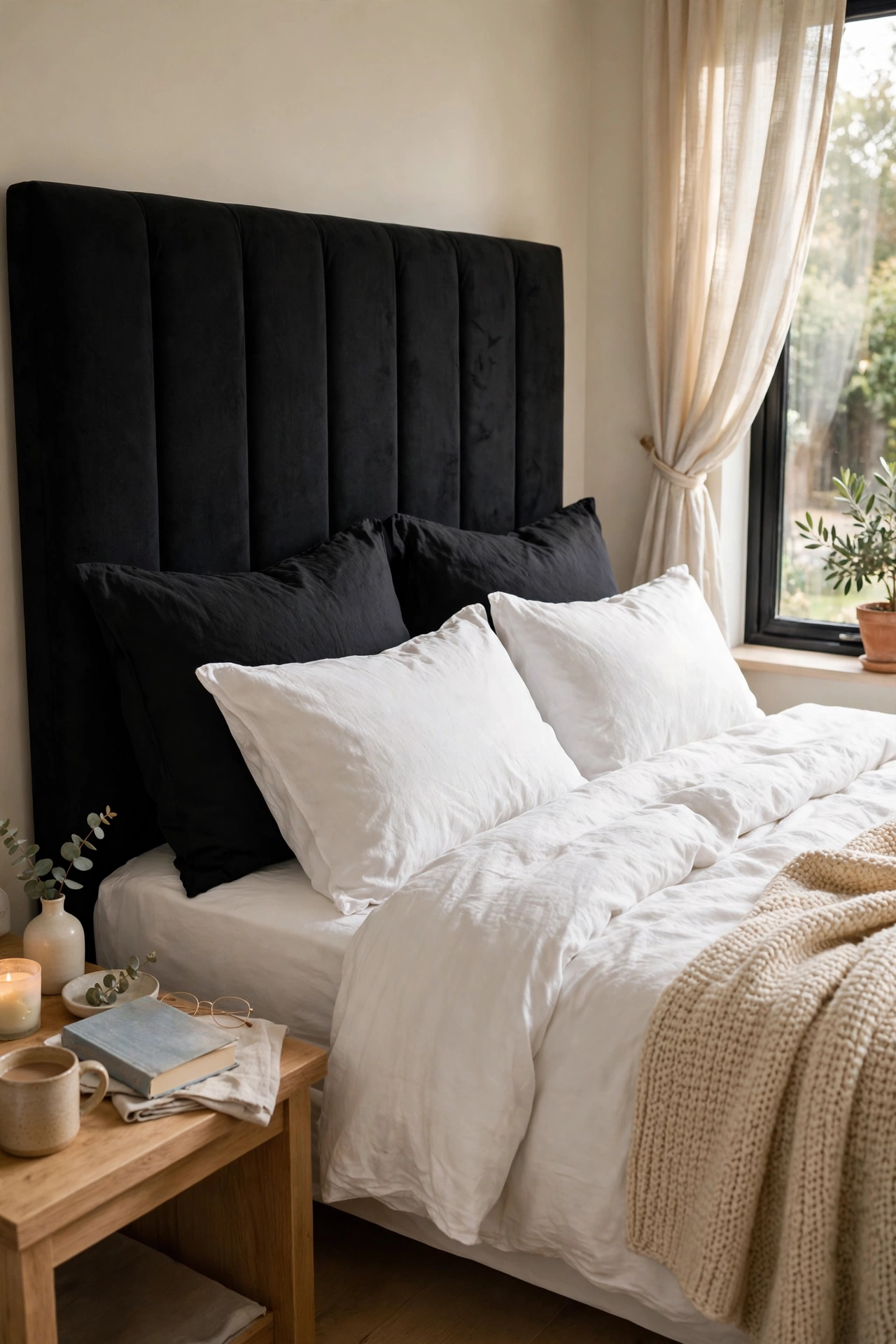 White bedding and black headboard in a bedroom