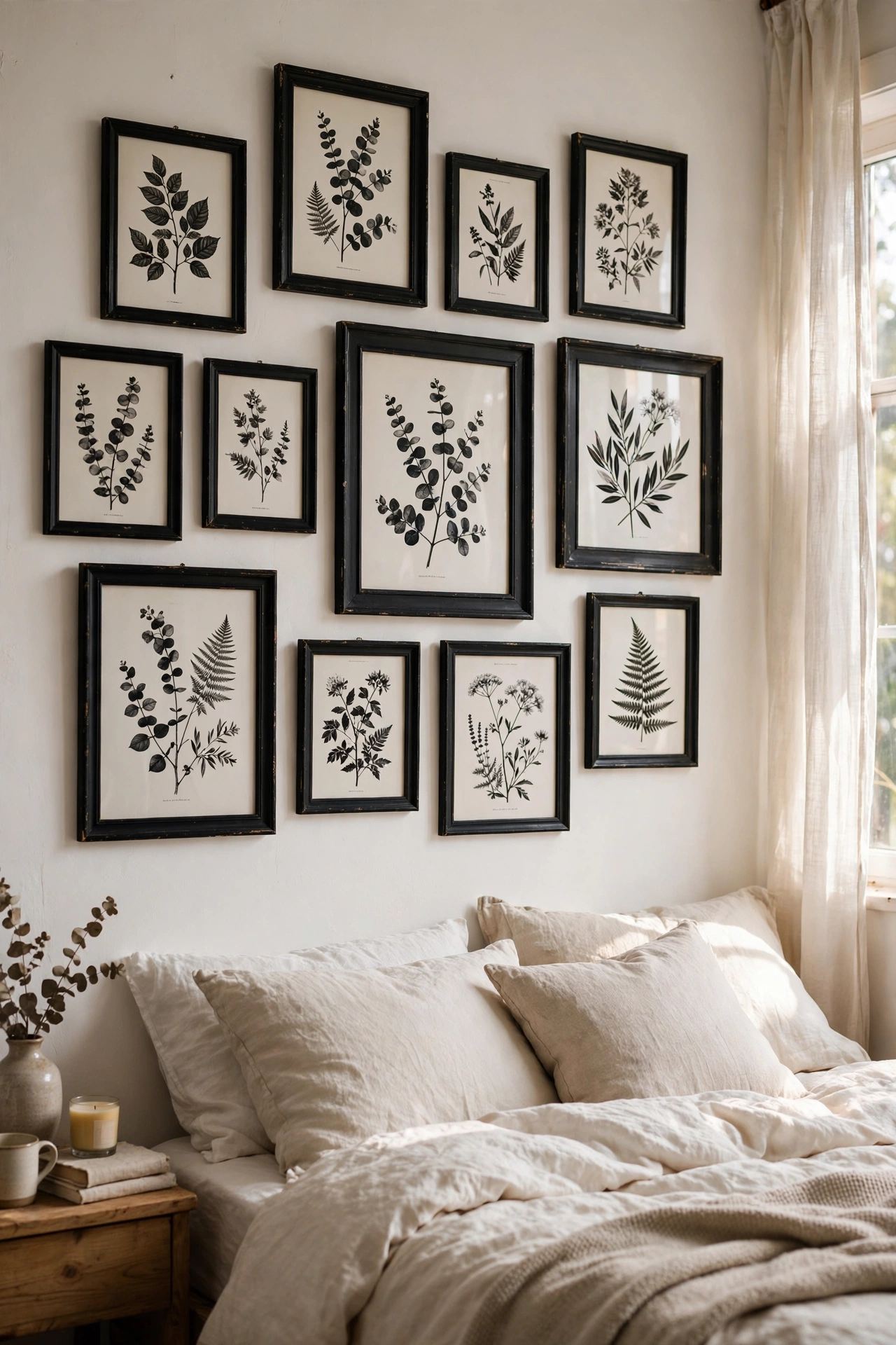 Black and white gallery wall with thrifted frames