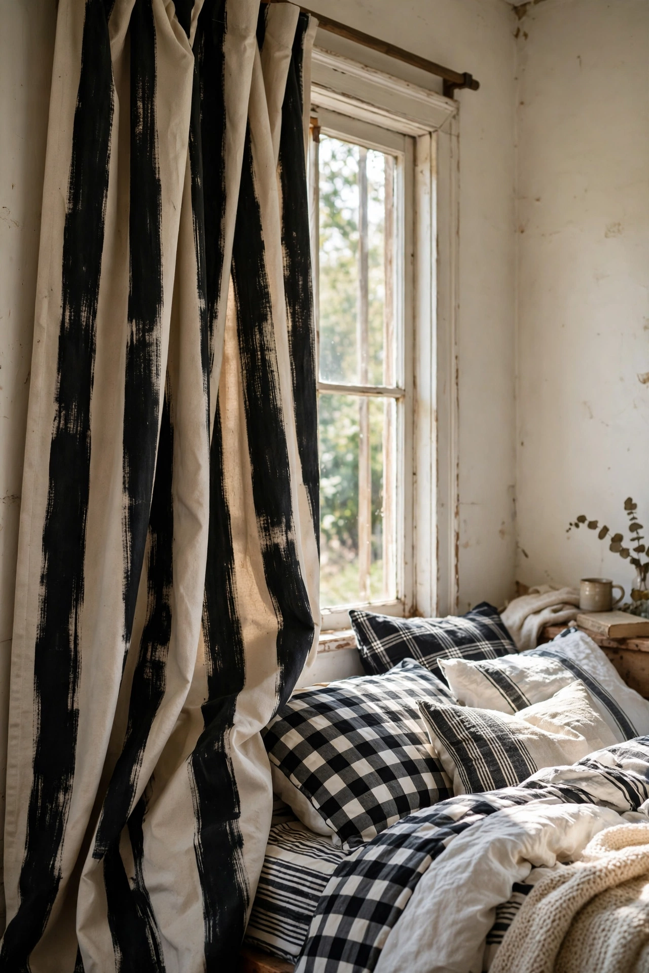 Black striped curtains made from drop cloth