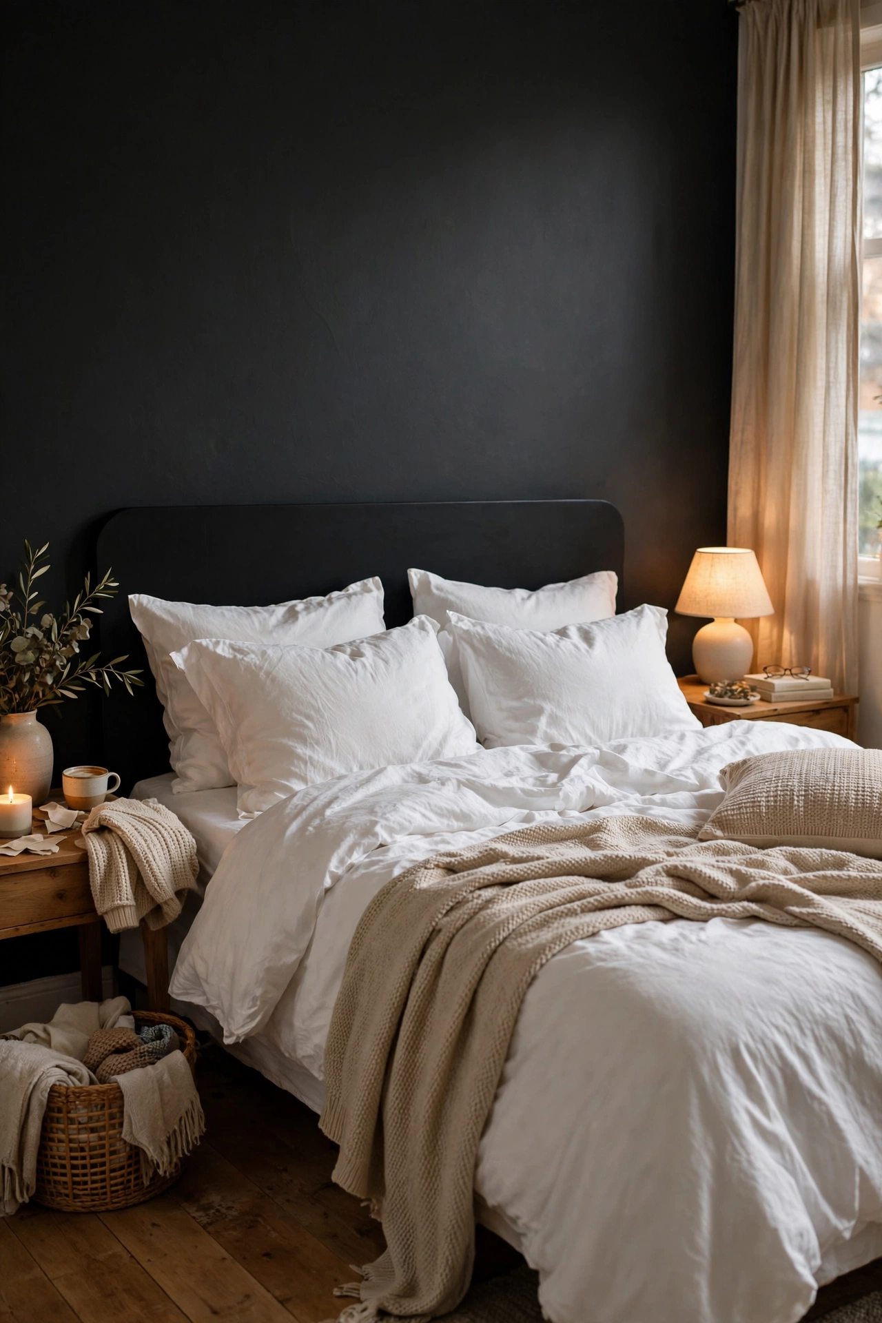 Black accent wall behind a white bed