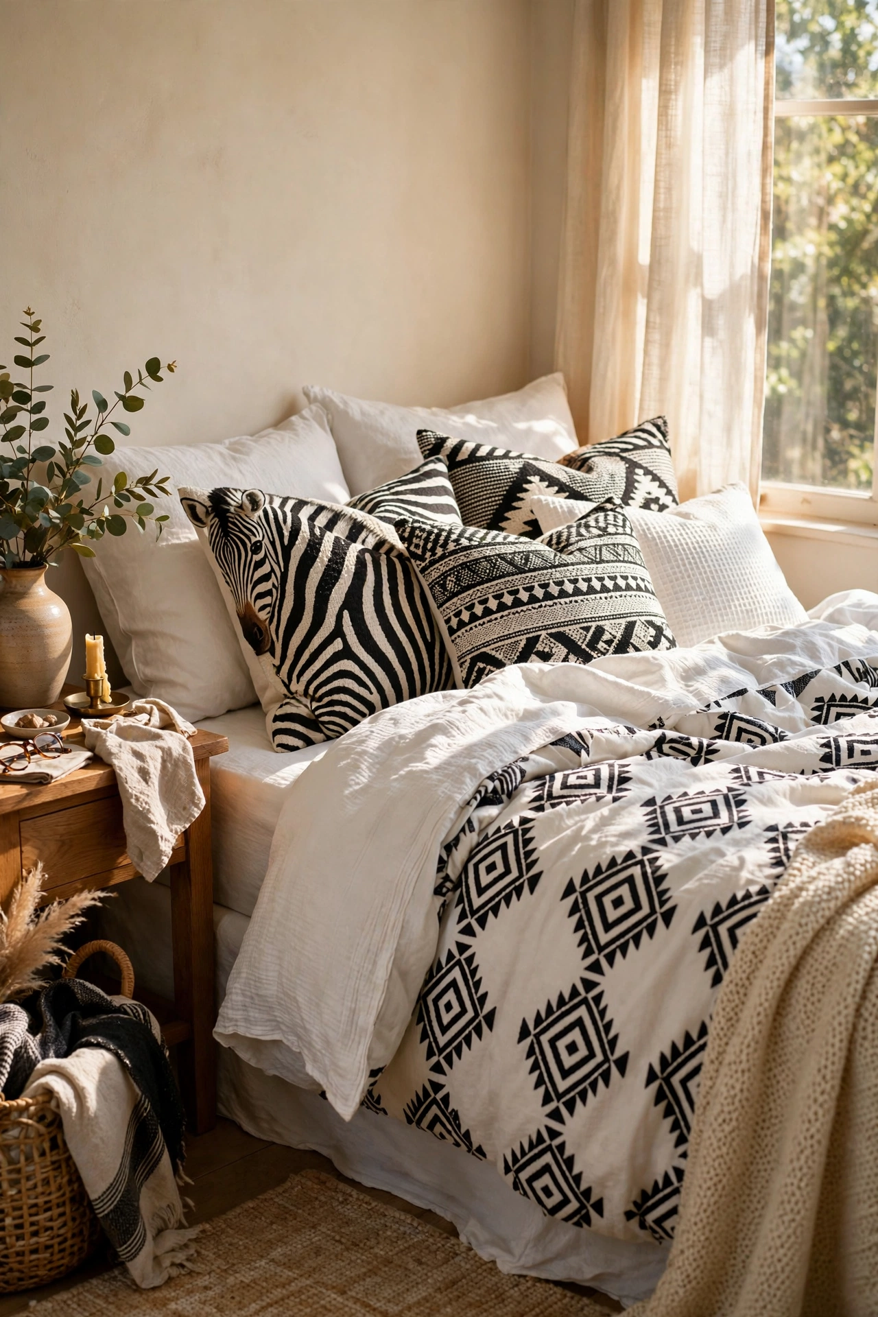 White and black patterned throw pillows on bed