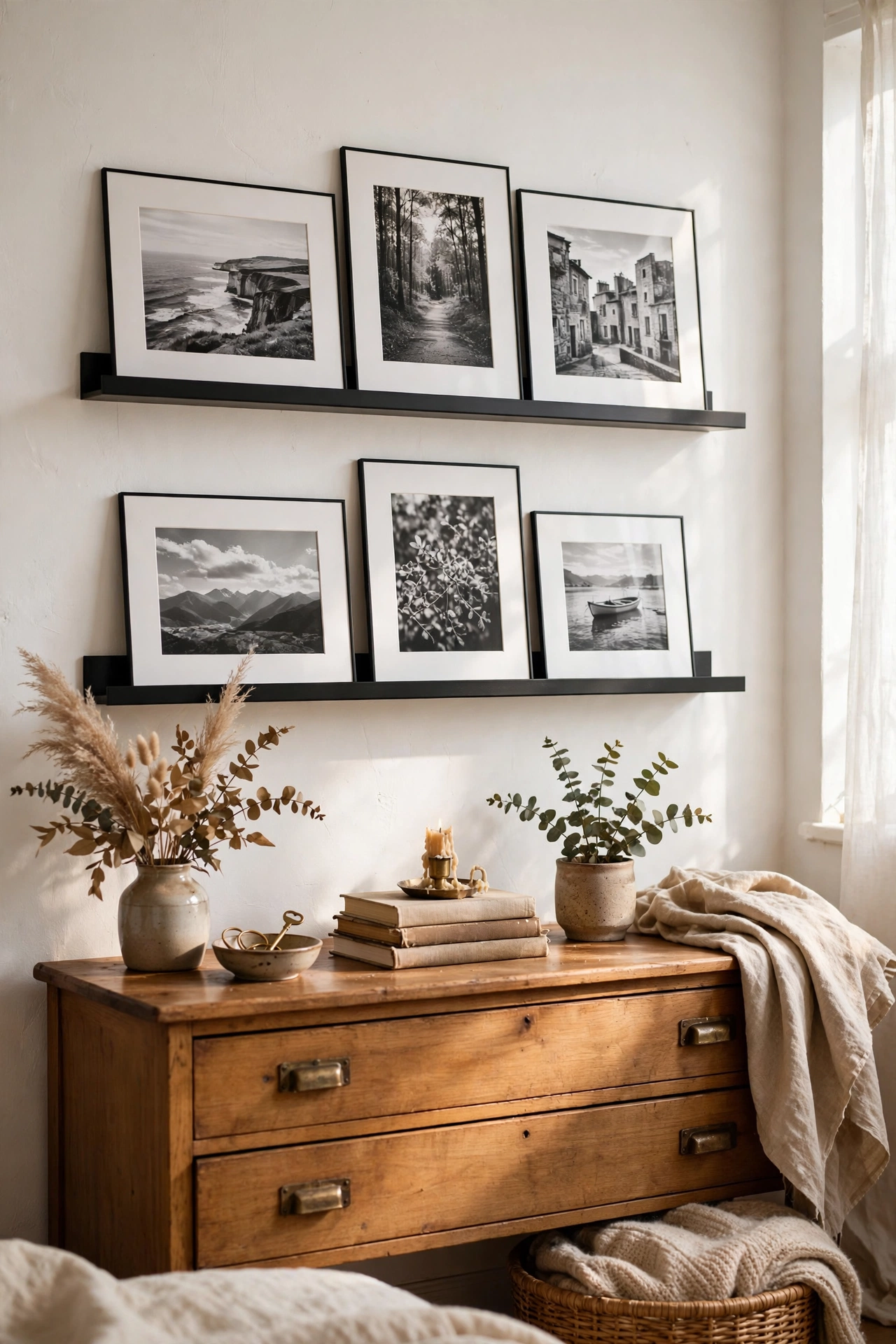 Black picture ledges with white matted prints
