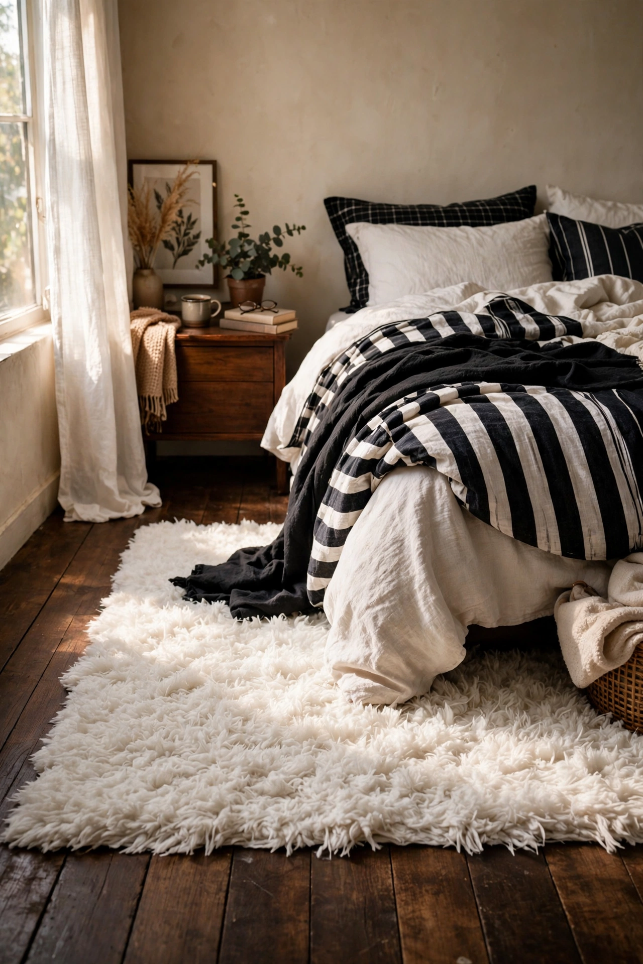 White shag rug layered over dark wood floor