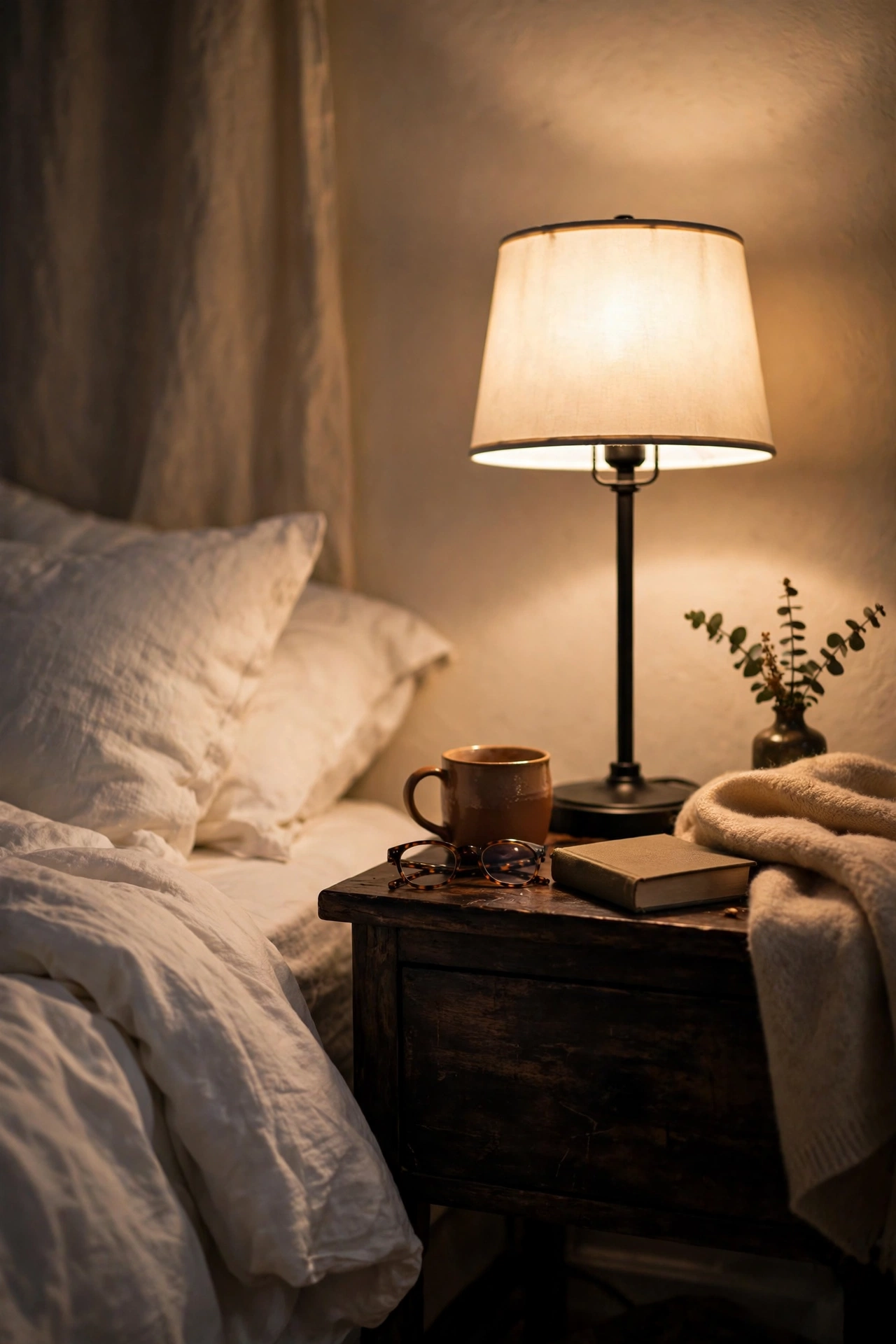 Black bedside lamps with white shades