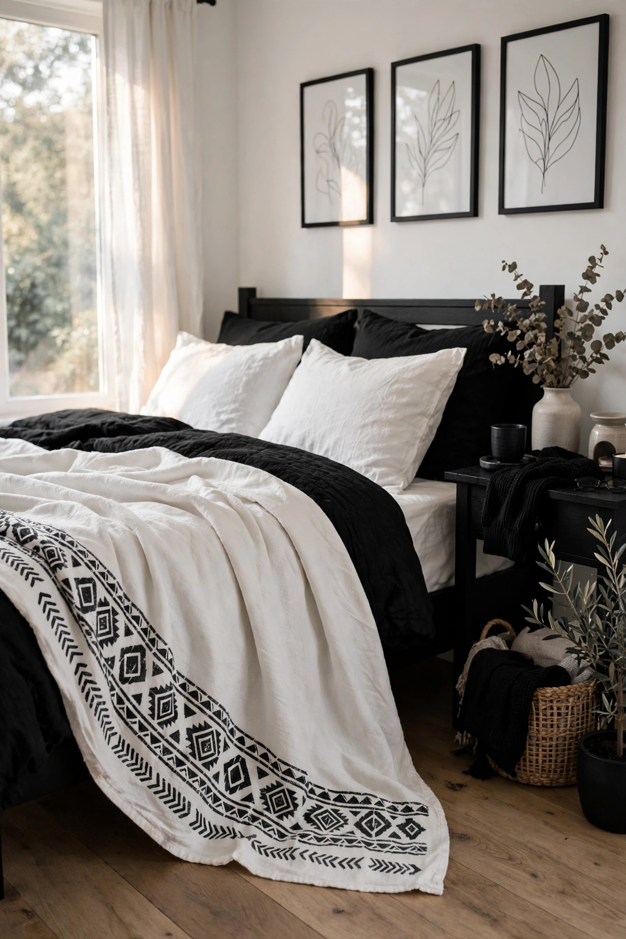 White throw blanket with black stenciled border