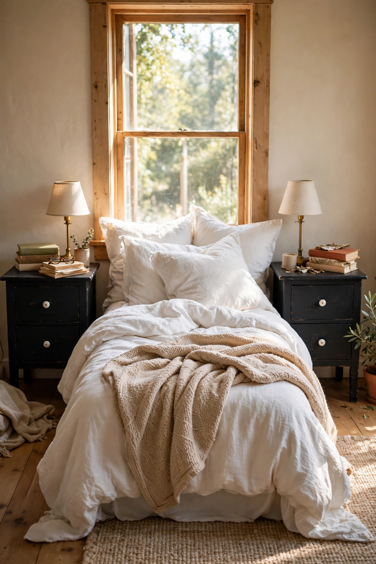 Black painted nightstands with white ceramic knobs