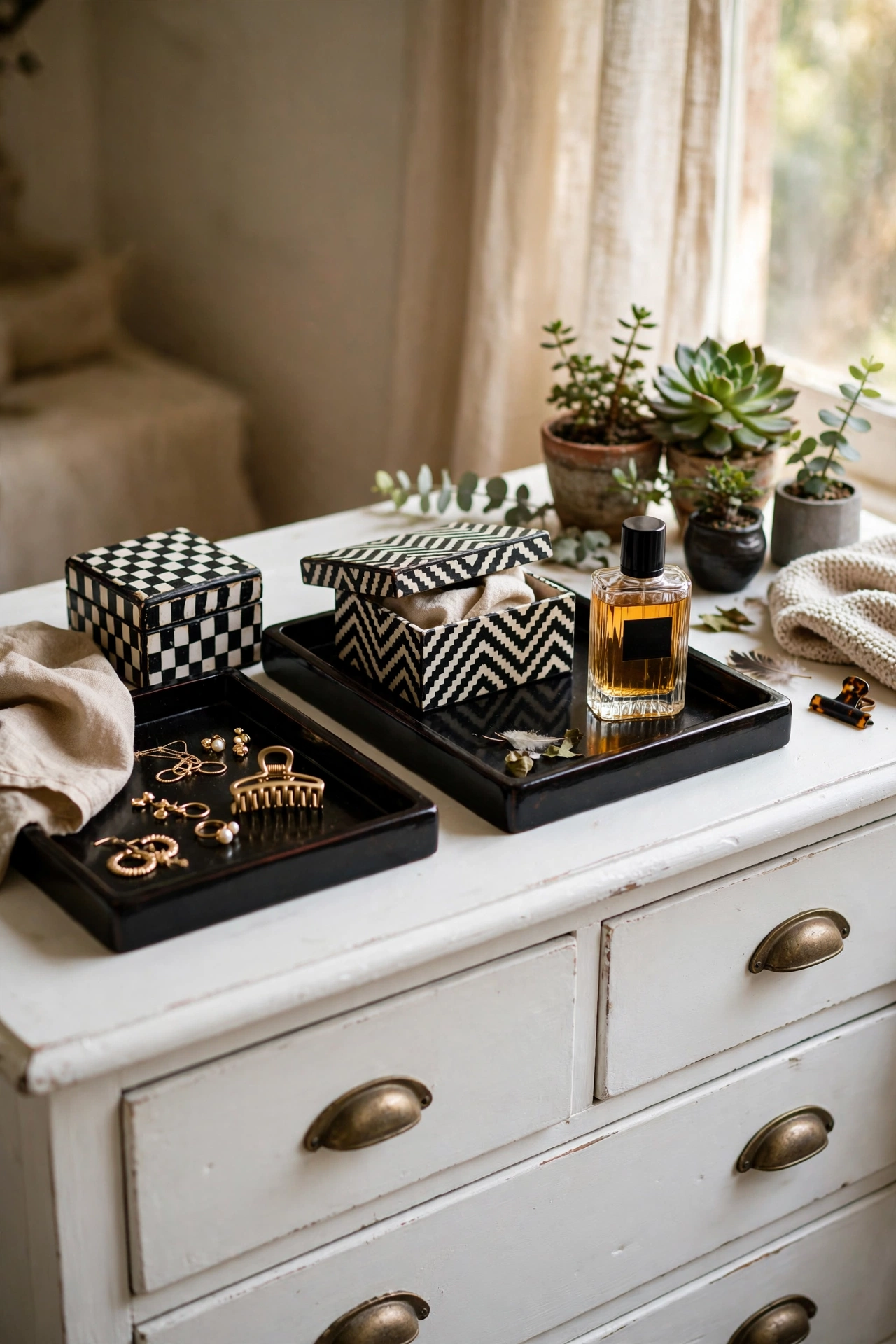 White dresser styled with black trays and boxes
