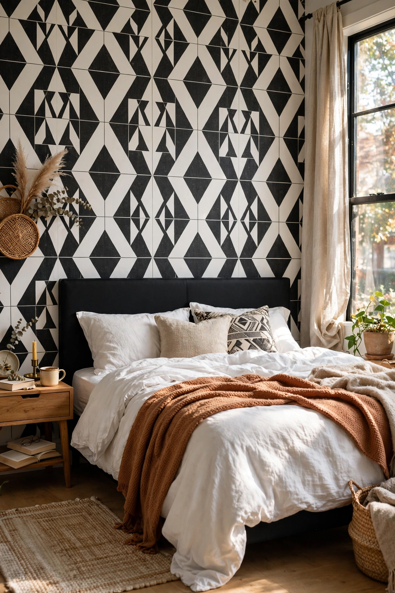 Black and white geometric peel and stick wallpaper