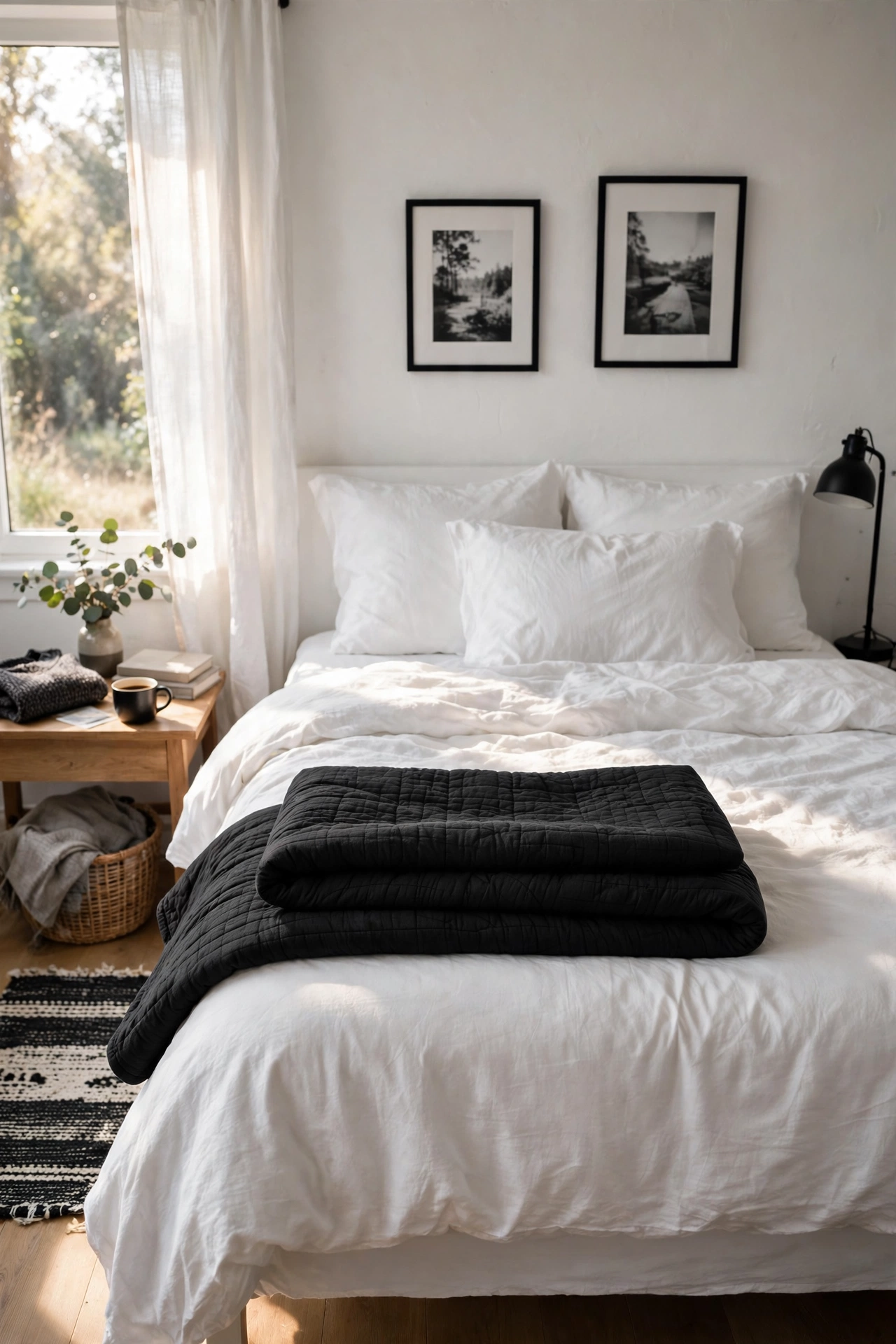 Black quilt folded at foot of white bed