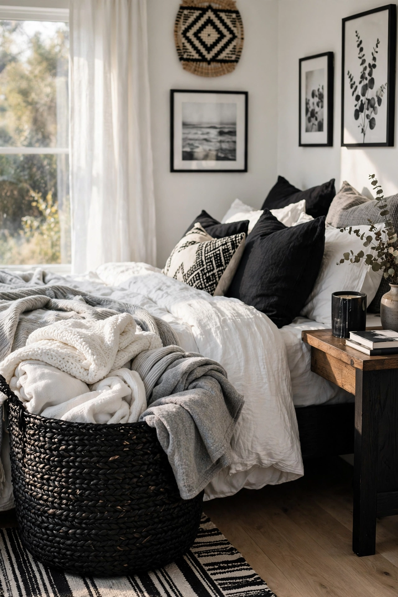 Black woven baskets holding throw blankets