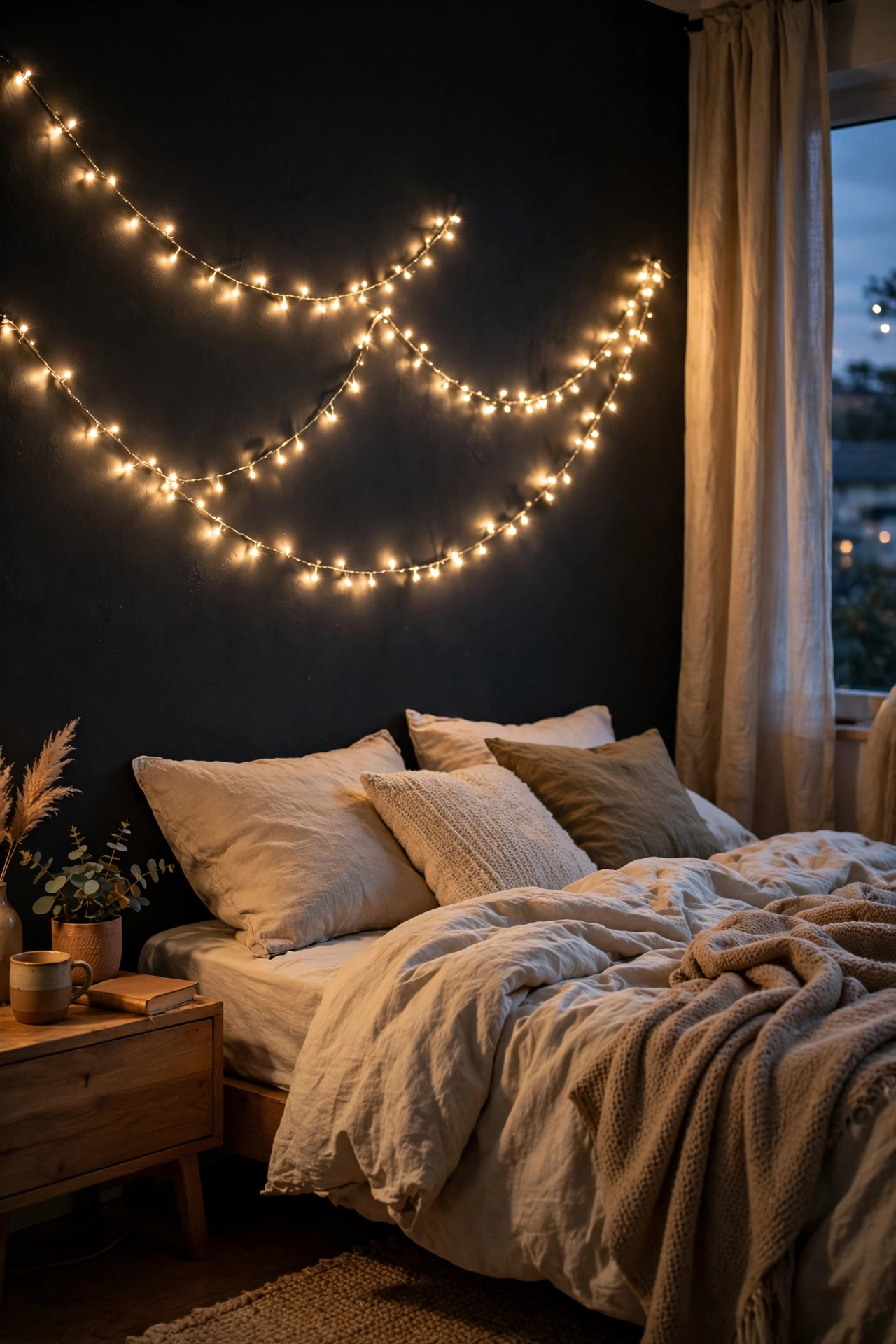 Warm fairy lights glowing on black bedroom wall