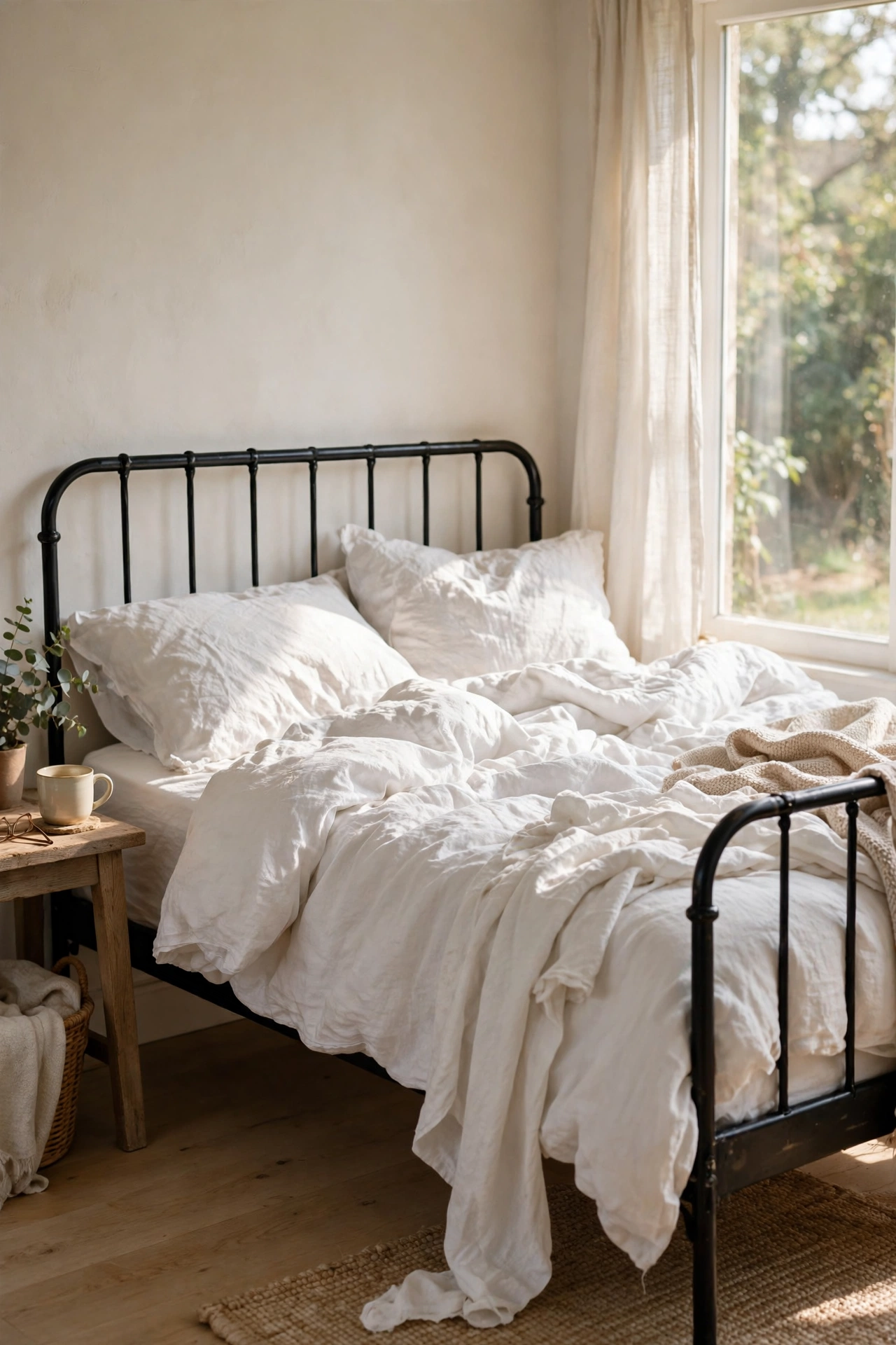 Black metal bed frame with white linen bedding