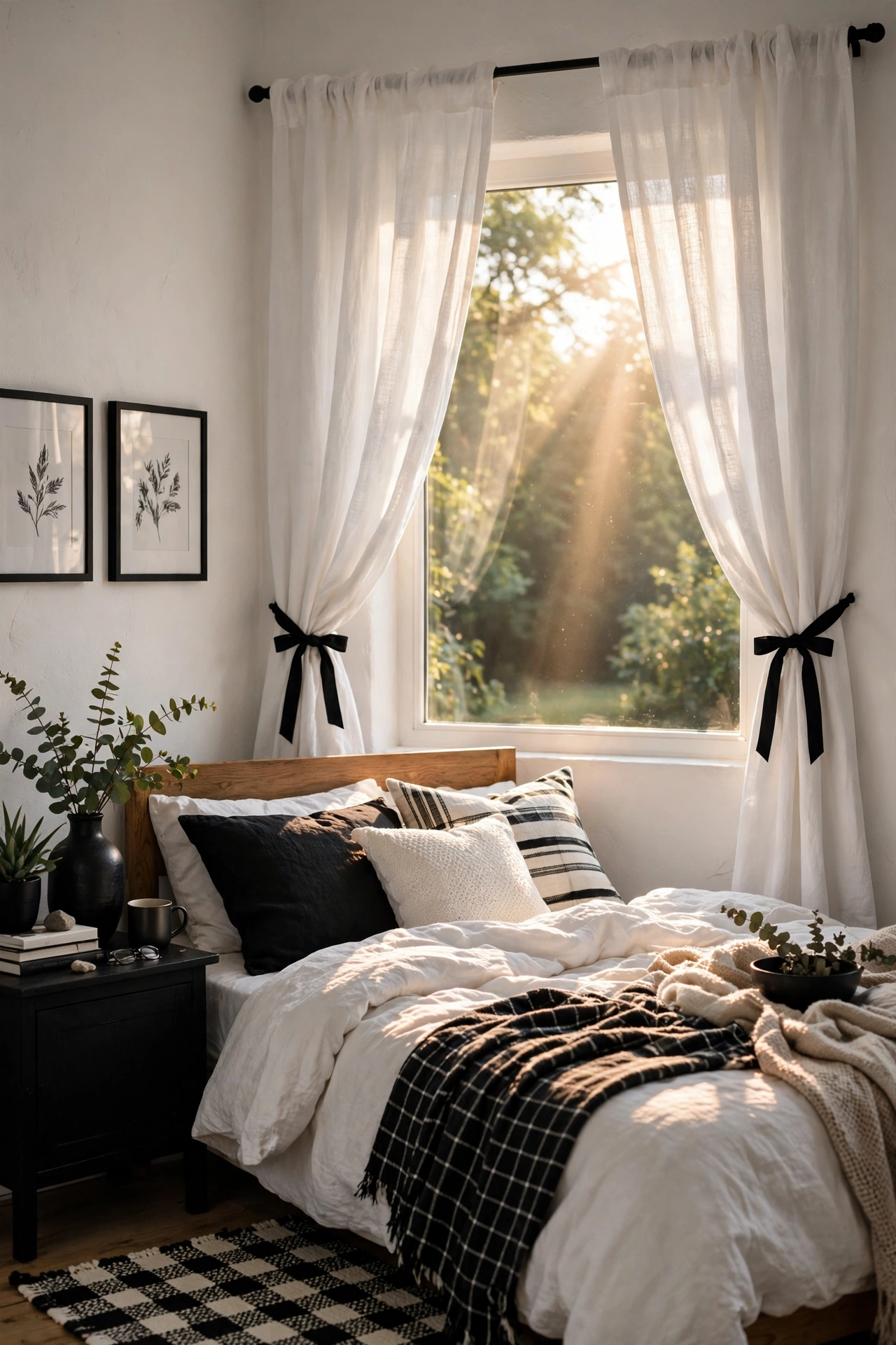White curtains with black ribbon tiebacks