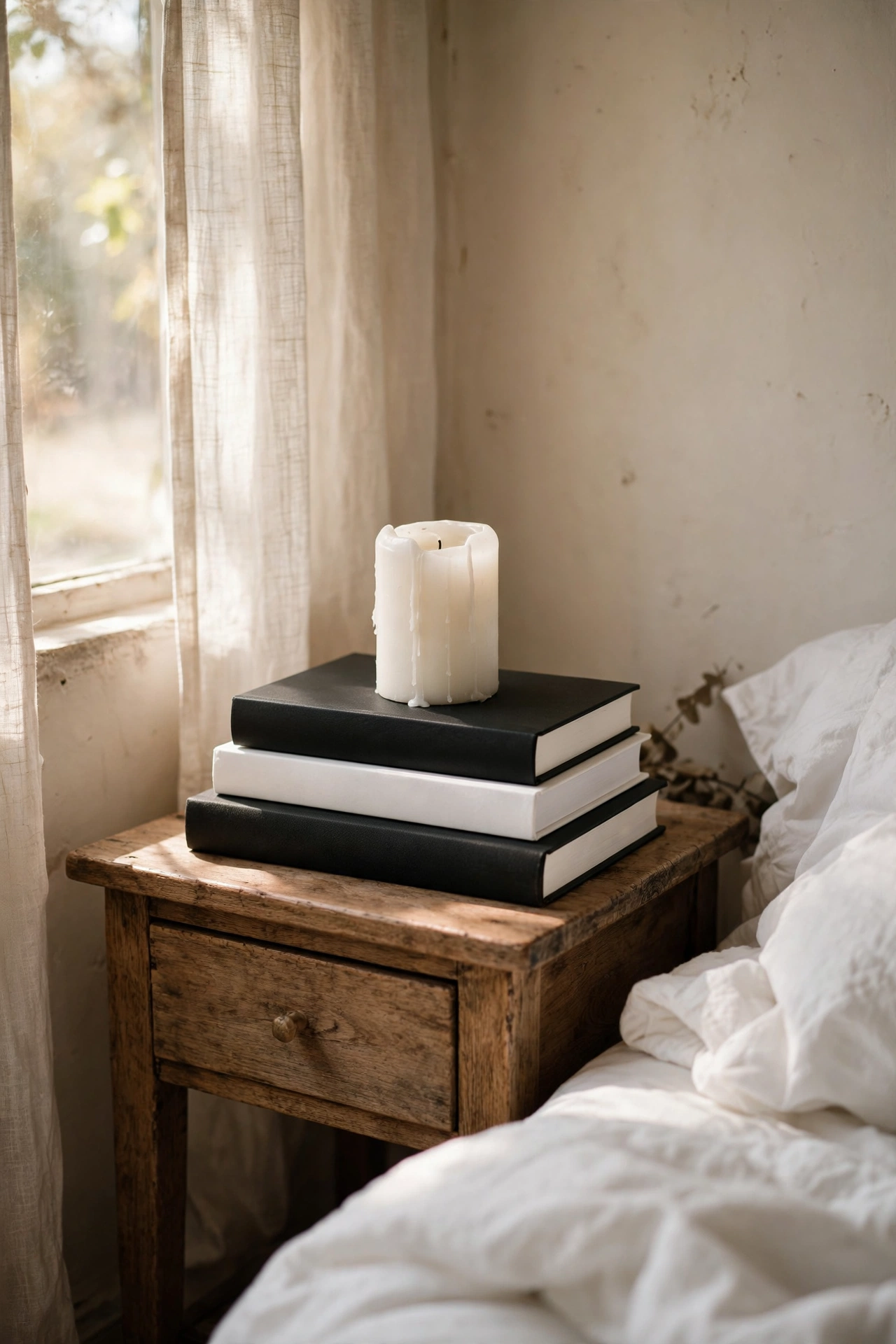 Stack of black and white books on nightstand