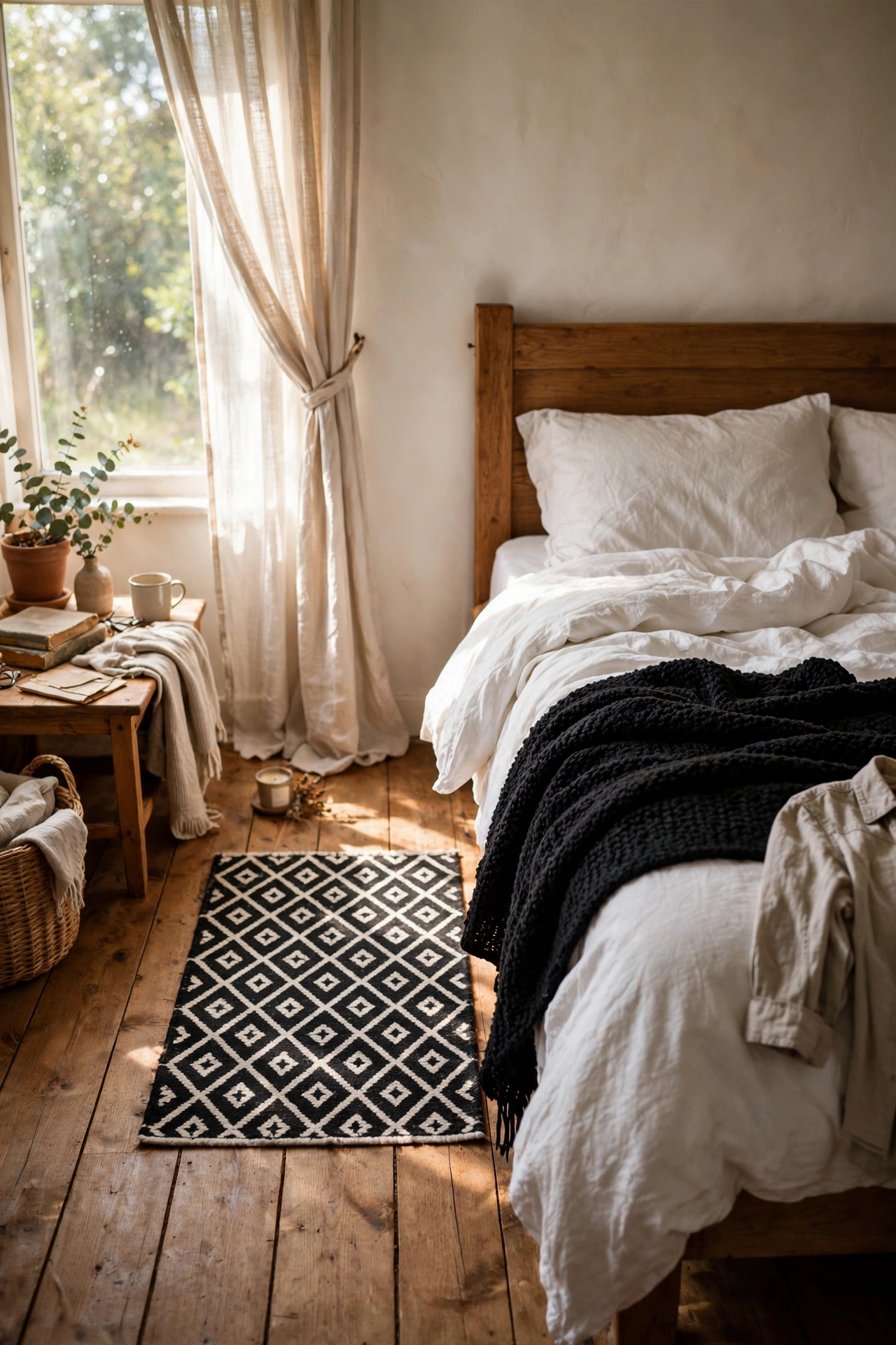 Black and white diamond rug beside the bed