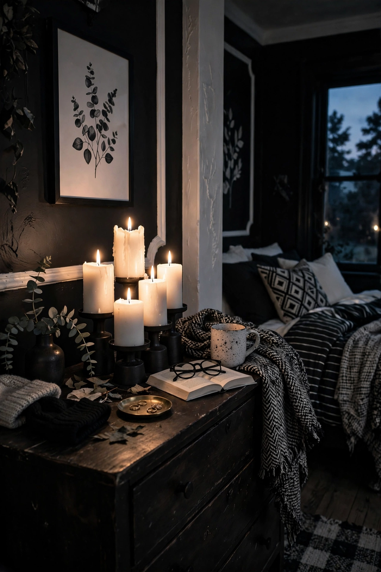 White candles in black holders on dresser