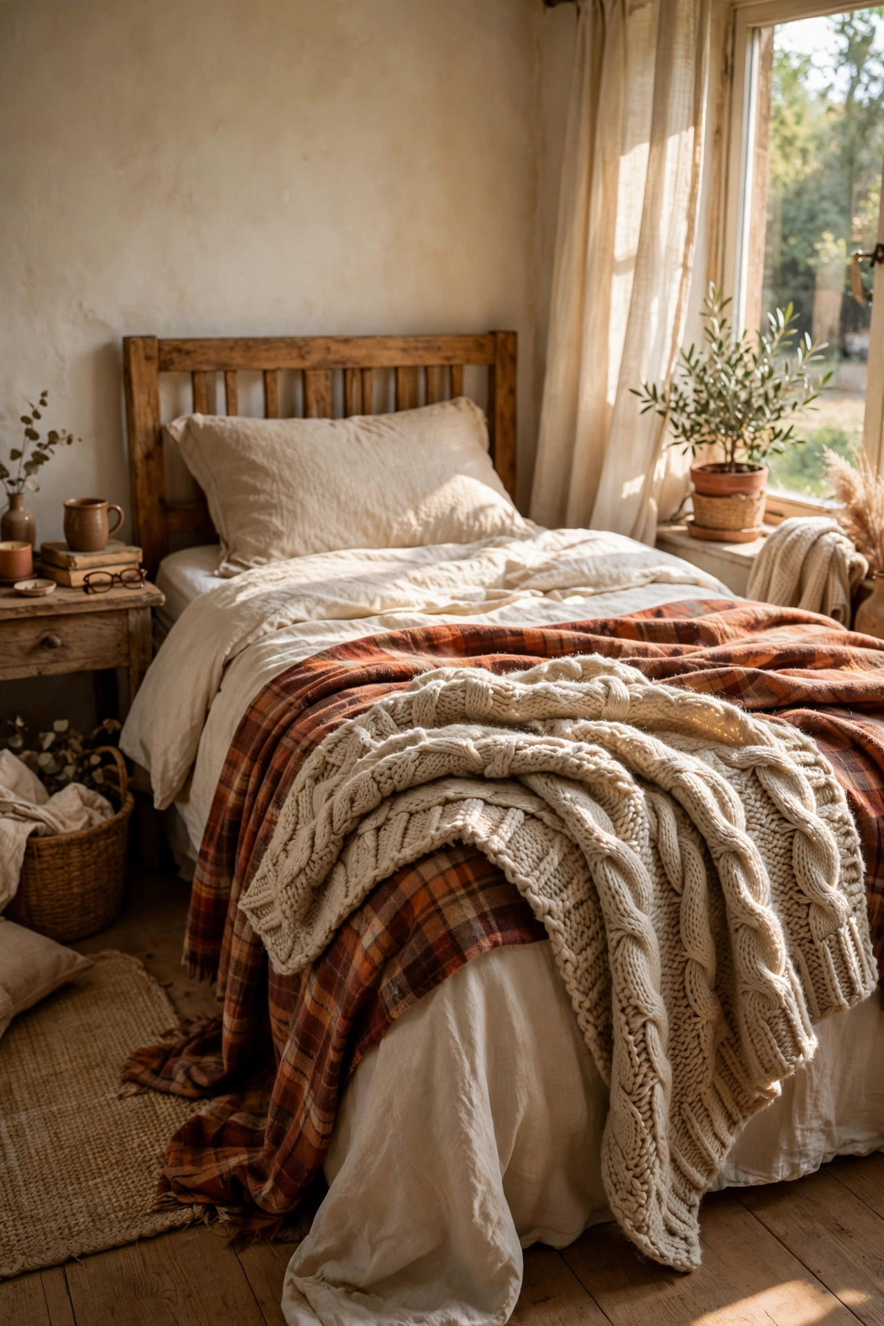 Two layered thrifted throw blankets on bed