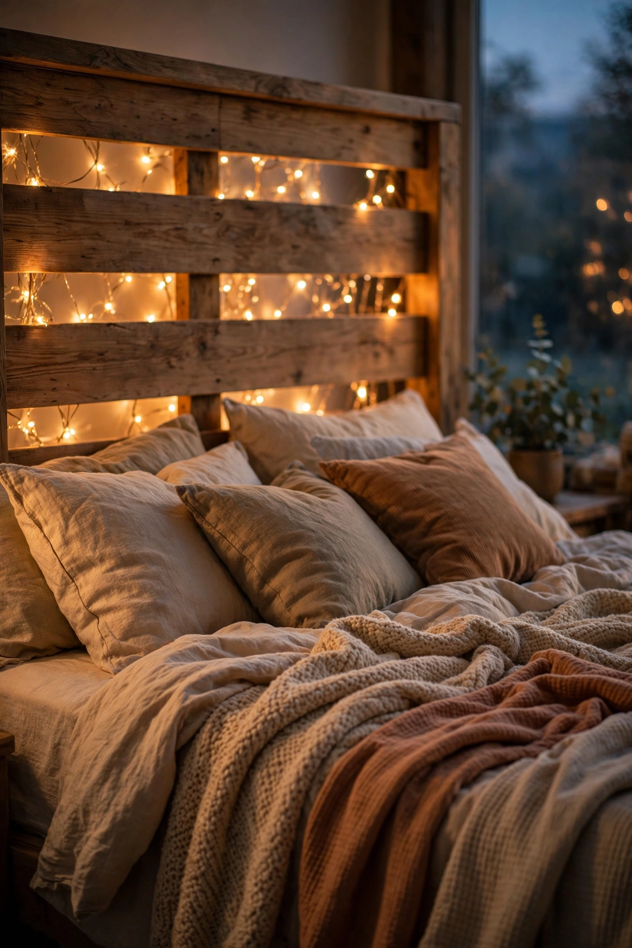 Warm fairy lights woven behind headboard