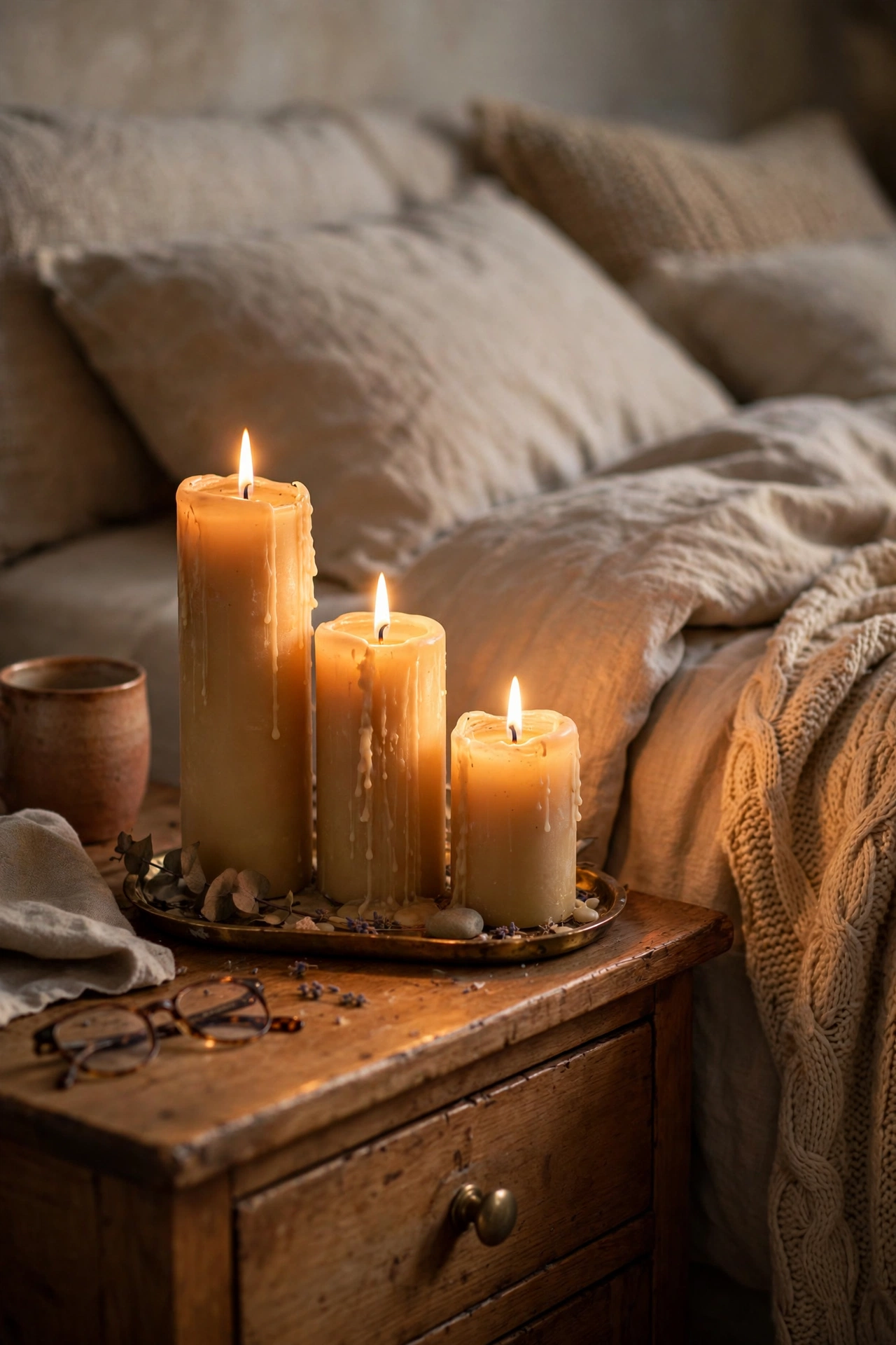 Three candles grouped on a nightstand tray