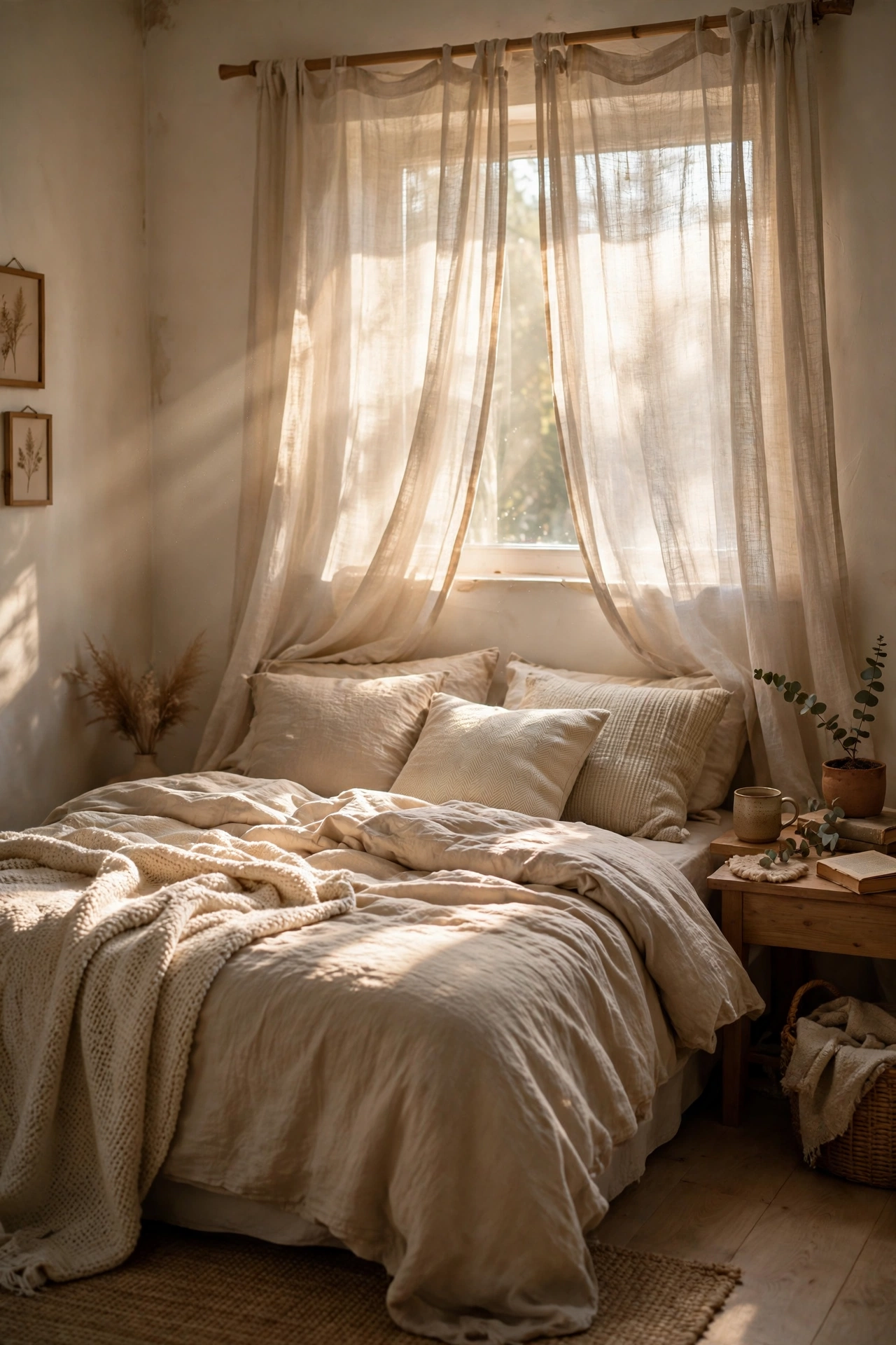 Sheer linen curtains glowing in morning light