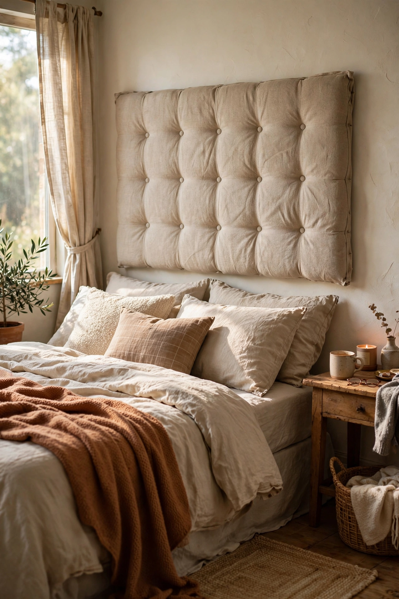 DIY oatmeal fabric headboard on bedroom wall