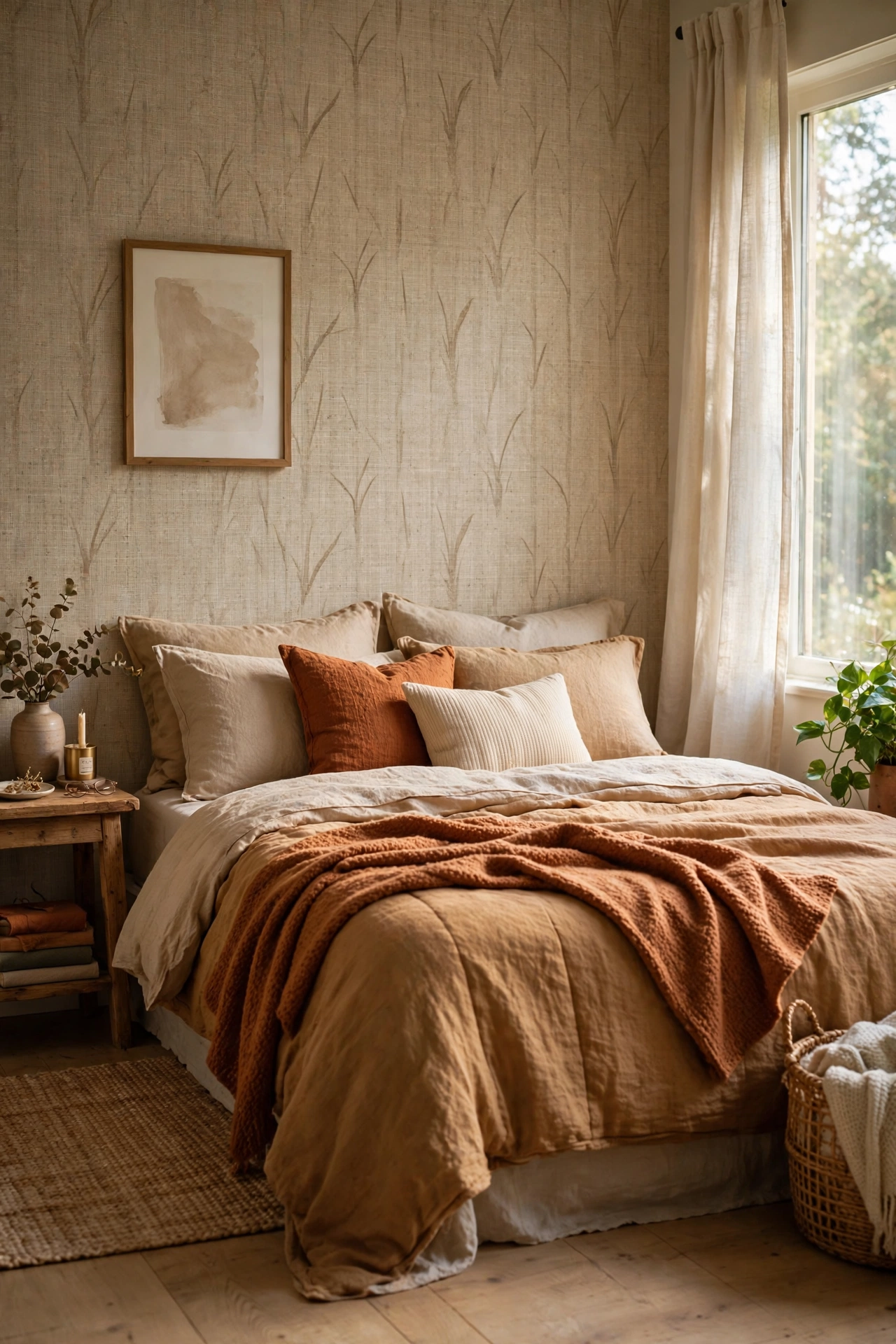 Peel and stick wallpaper accent wall behind bed