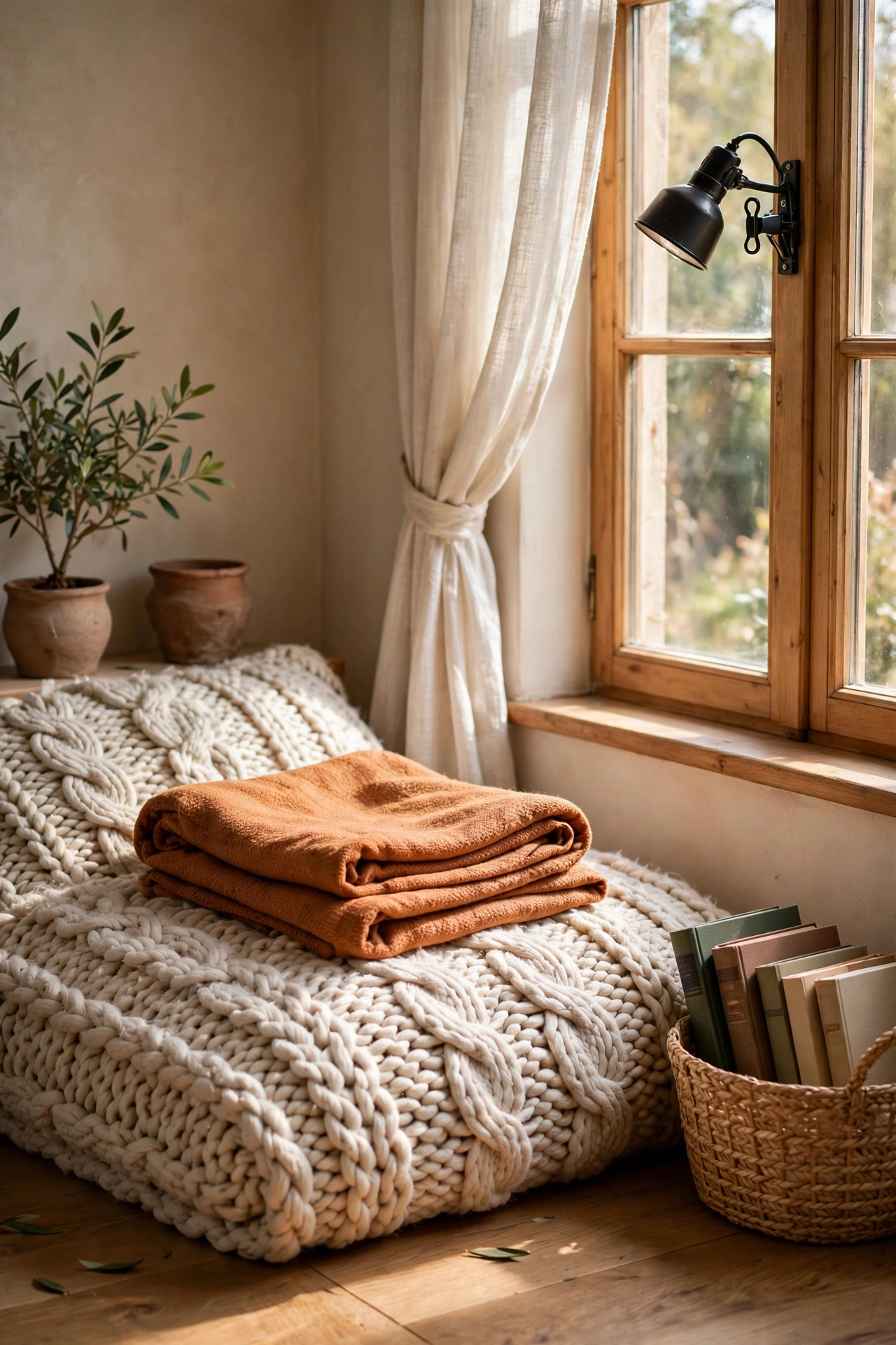 Cozy reading corner with floor cushion and light