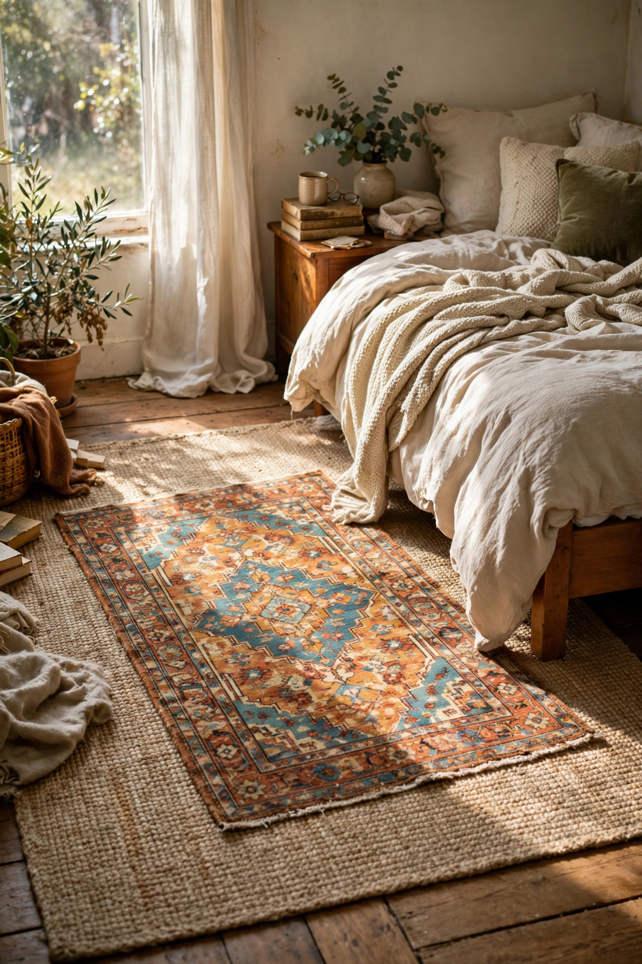 Thrifted patterned rug layered over bedroom rug