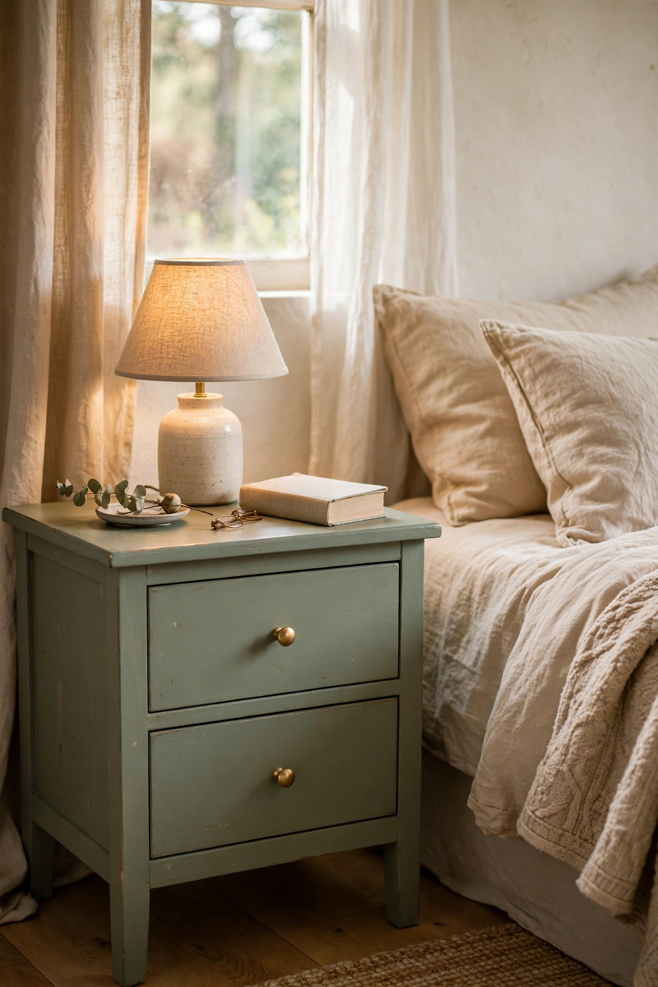 Sage green painted nightstand beside bed