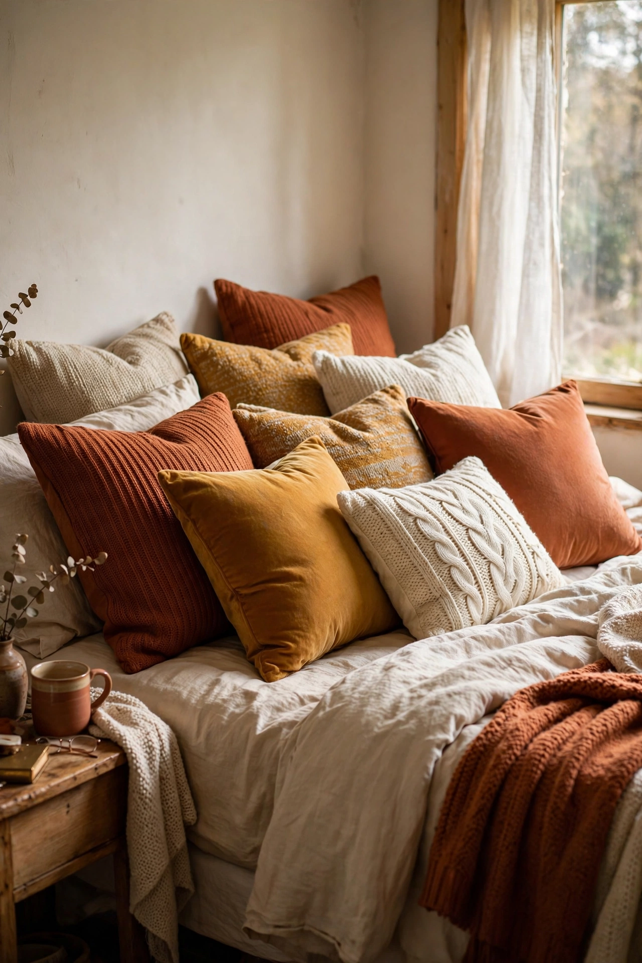 Mismatched warm tone throw pillows on bed