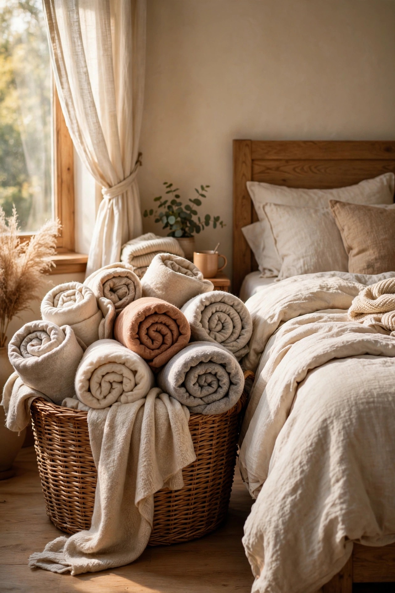Woven basket overflowing with soft blankets