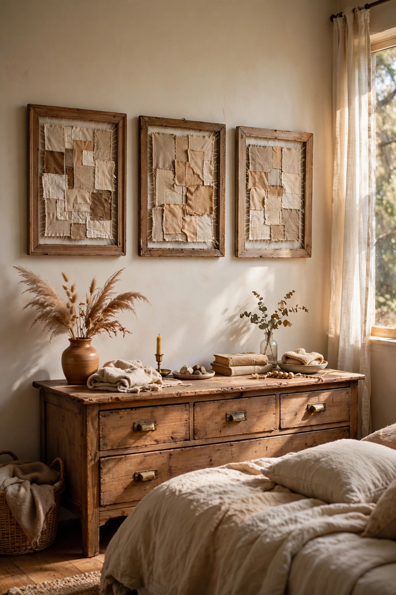 Framed fabric scrap wall art above dresser