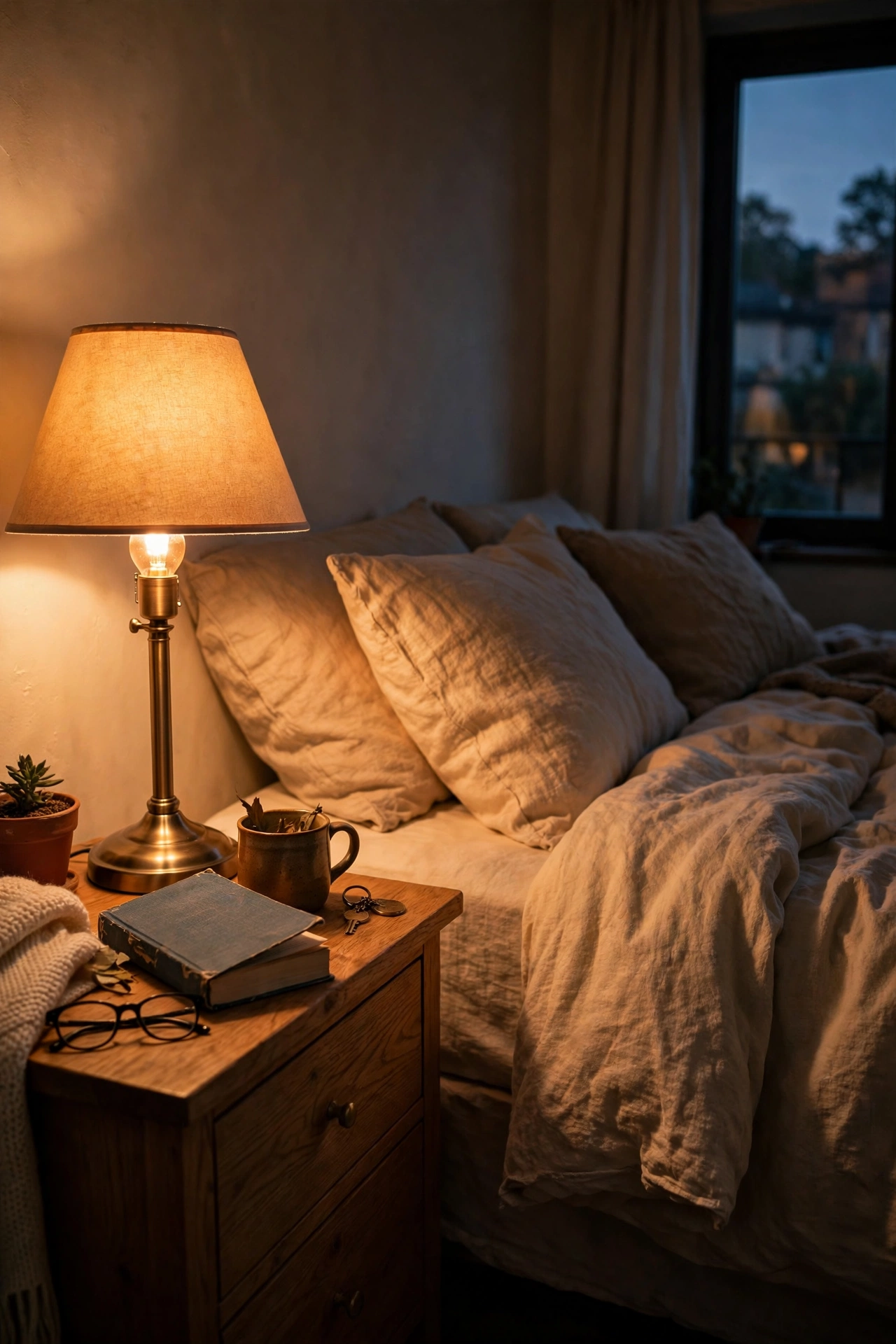 Bedside lamp glowing with warm light bulb