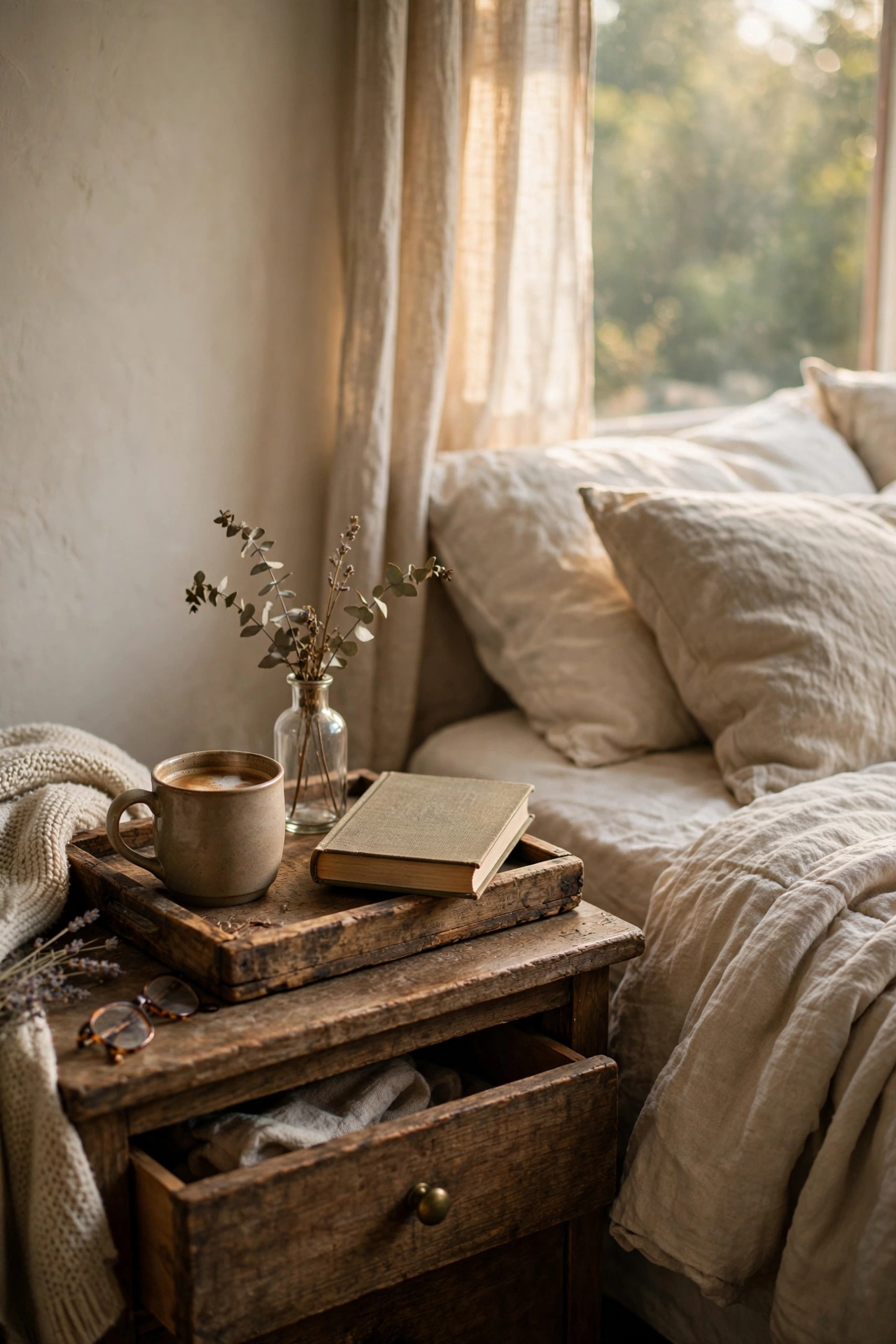 Wooden tray with coffee mug on nightstand
