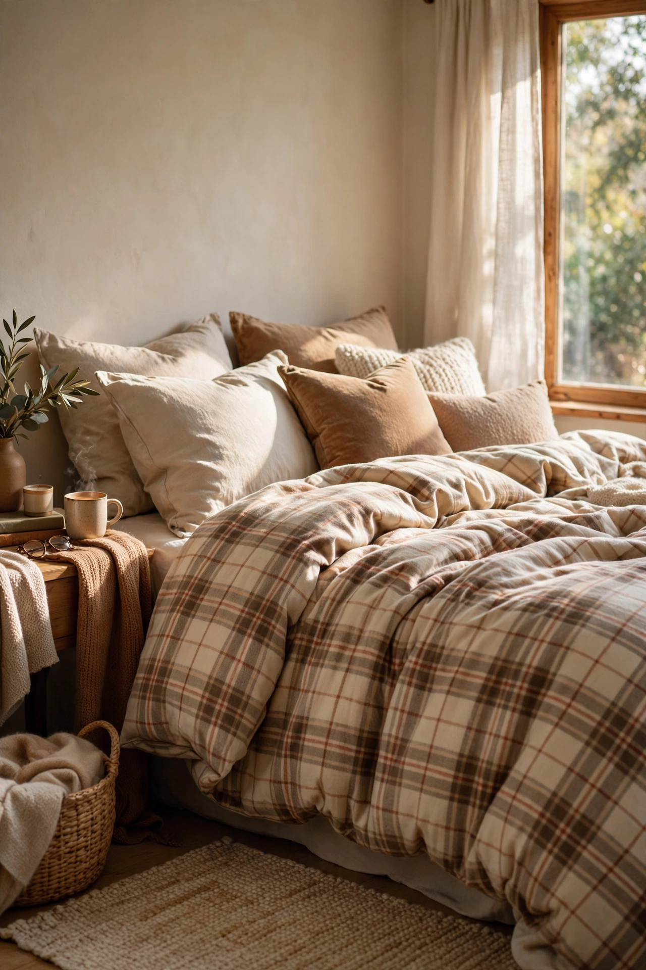Cozy bed with soft flannel plaid bedding