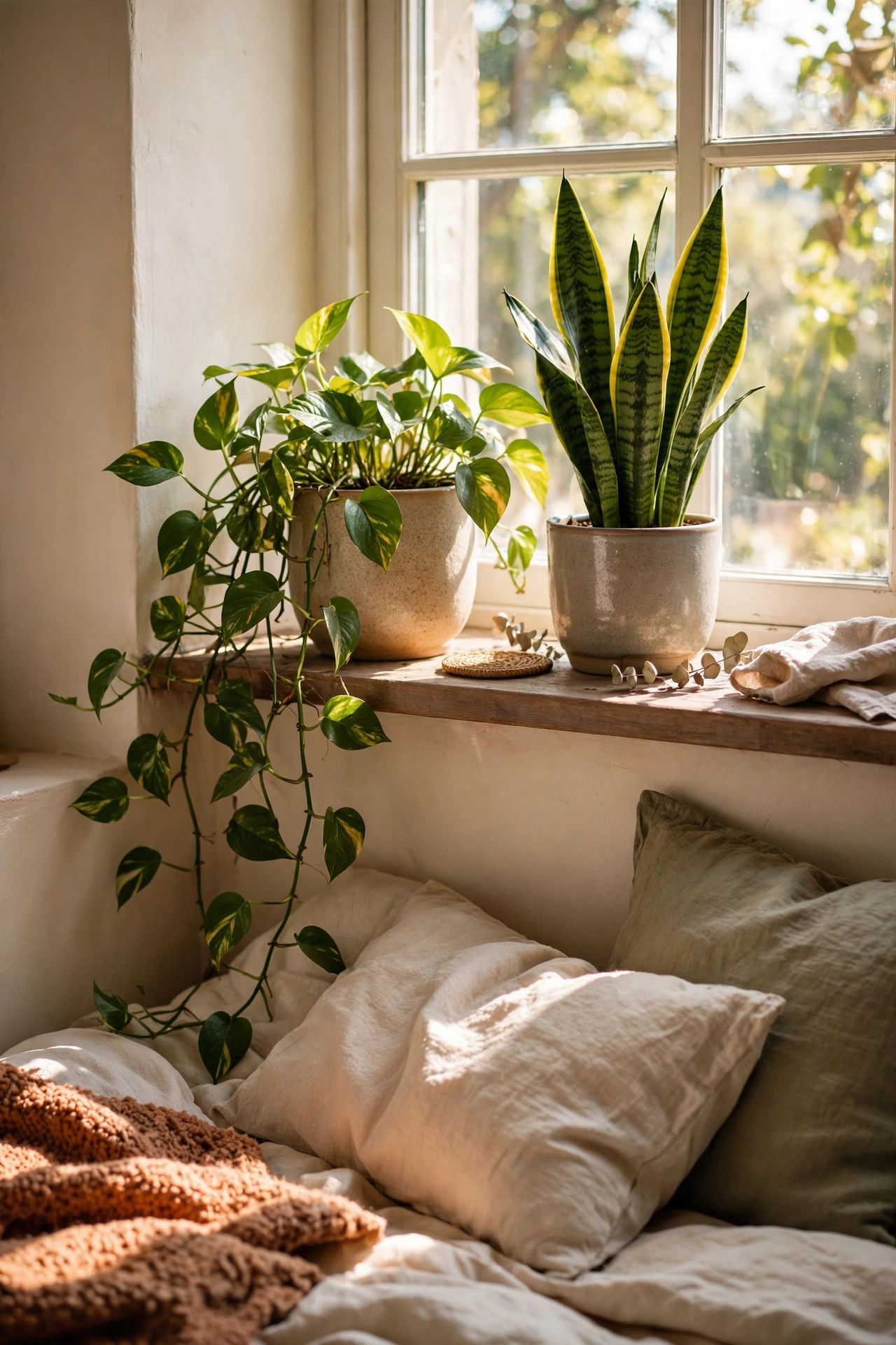 Pothos and snake plant on bedroom windowsill