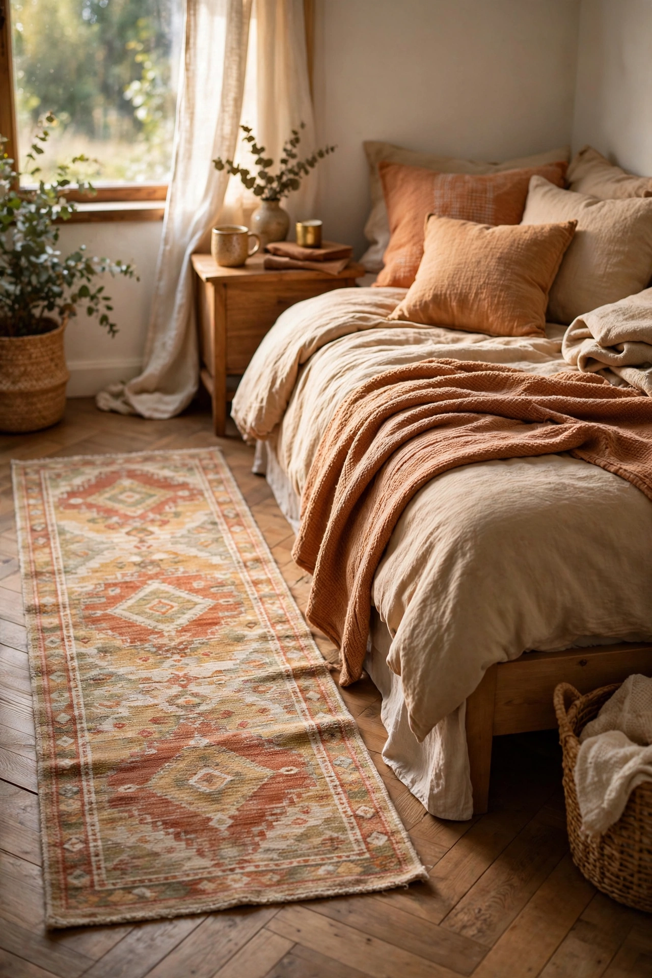 Soft washable runner rug beside the bed