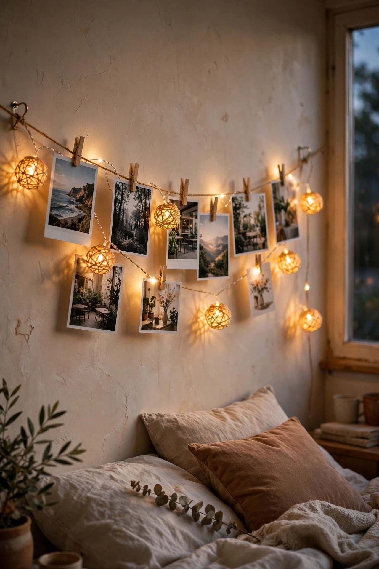 Photo clothesline with fairy lights on wall