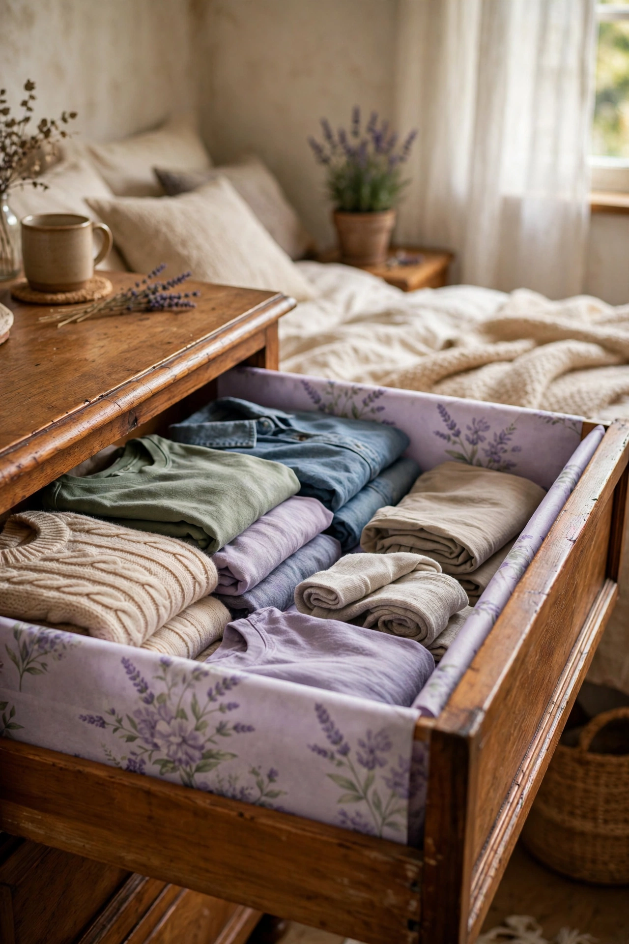 Open dresser drawer with lavender liners